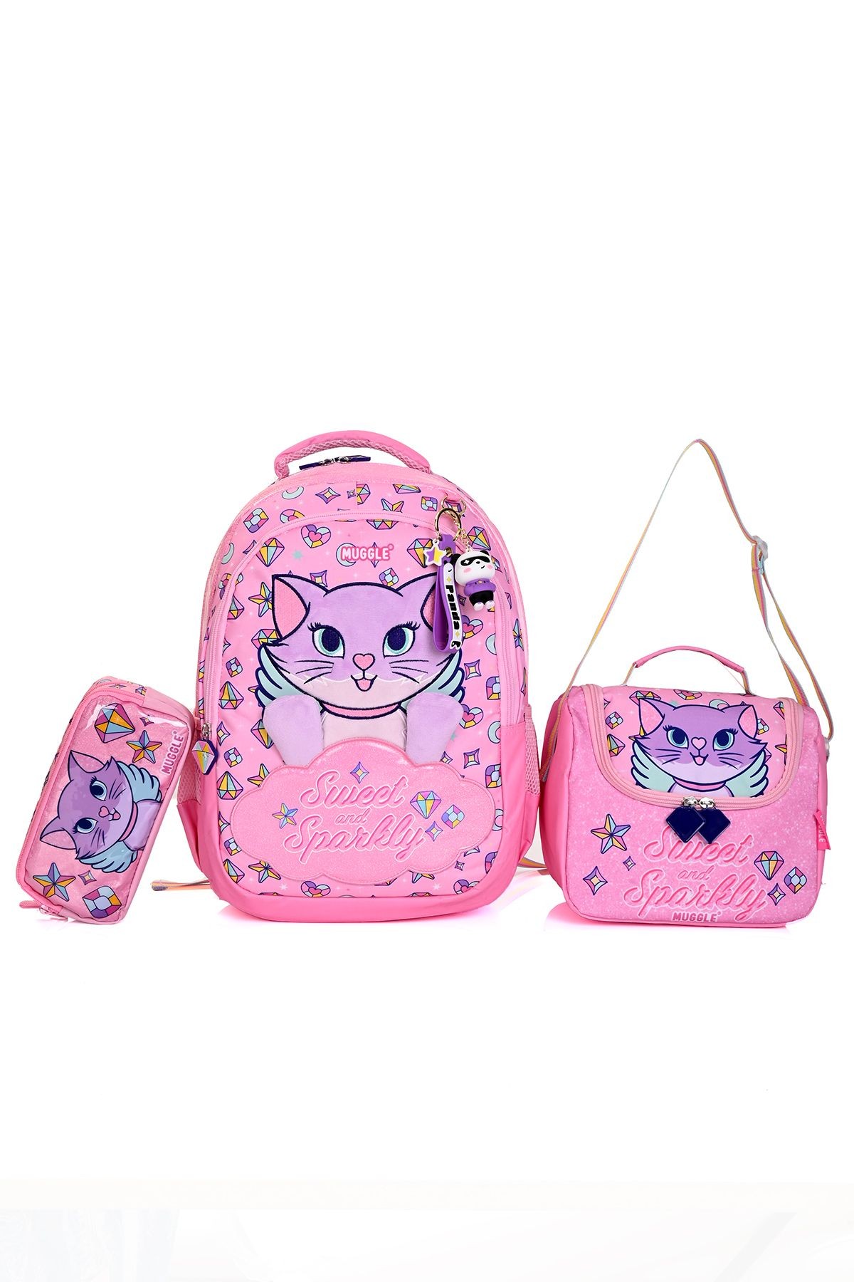 Mu-5796 Pembe Kedi Desenli Okul Çanta Seti 3'lü – Sırt Çantası, Beslenme Çantası ve Kalemlik