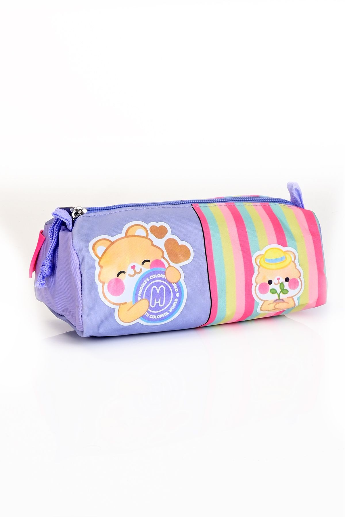 Mu-5917 Kawaii Bear Mor Pembe Çizgili Okul Çanta Seti 3'lü – Sırt Çantası, Beslenme Çantası v