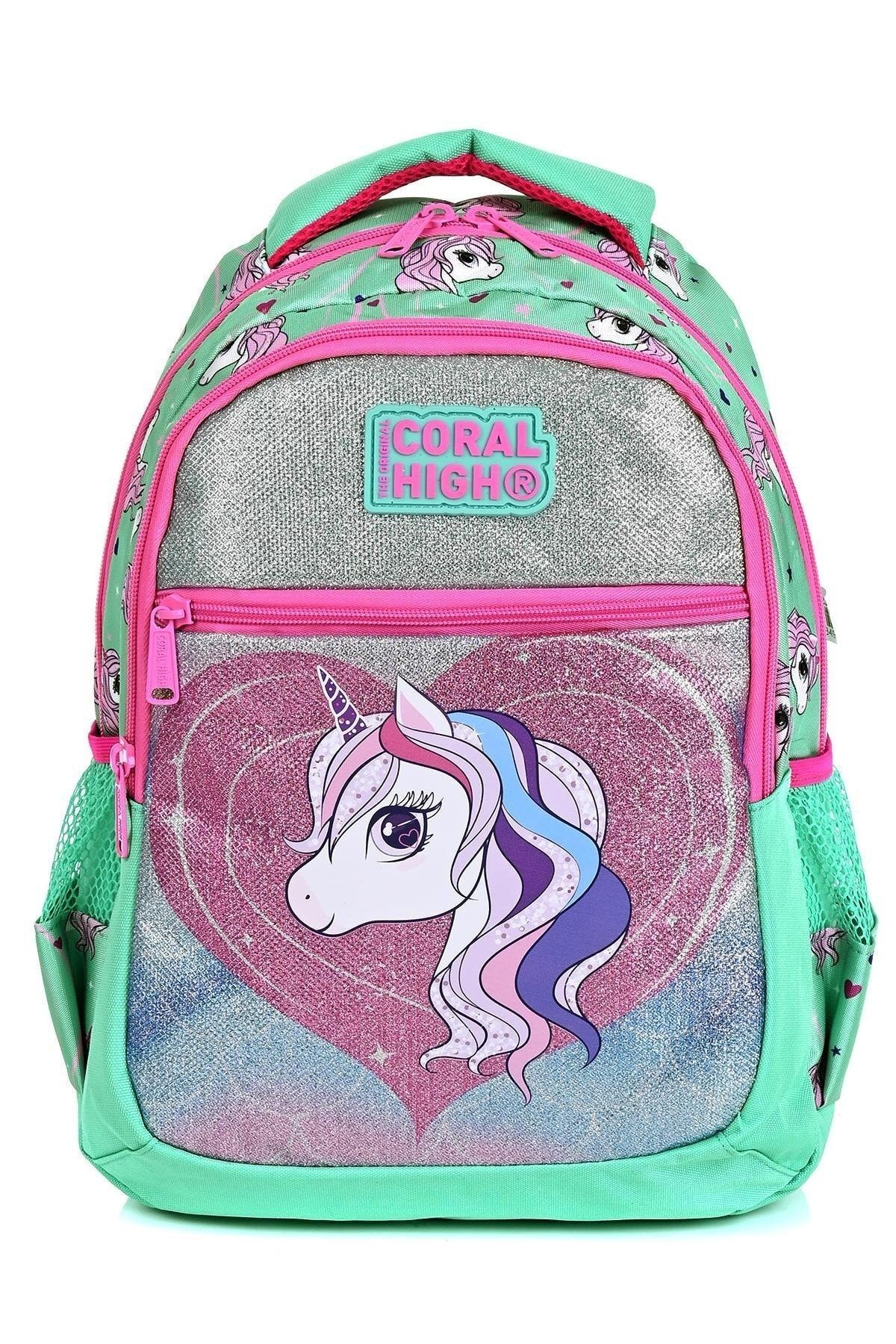 23496 Su Yeşili Unicorn Desenli 3' Lü Okul Çantası Seti