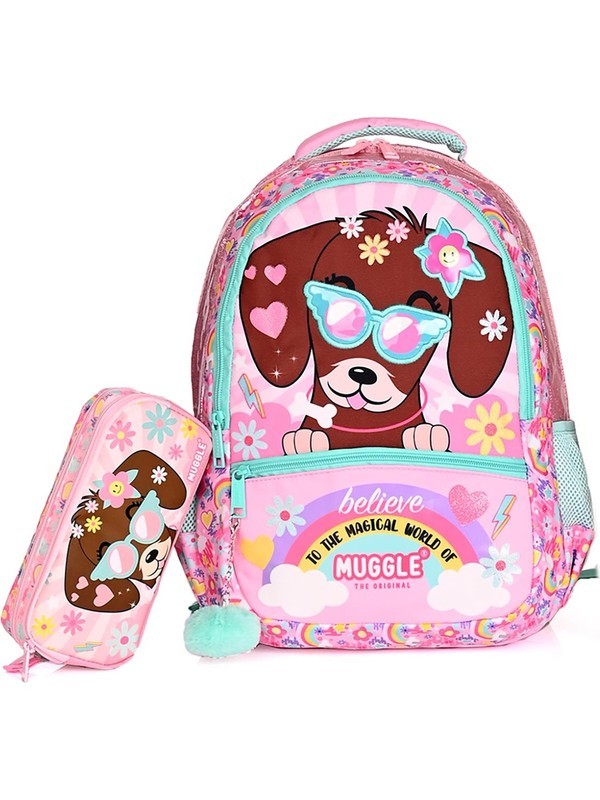 9008 Cute Dog Ilkokul Sırt Çantası Kalemlikli Set Pembe