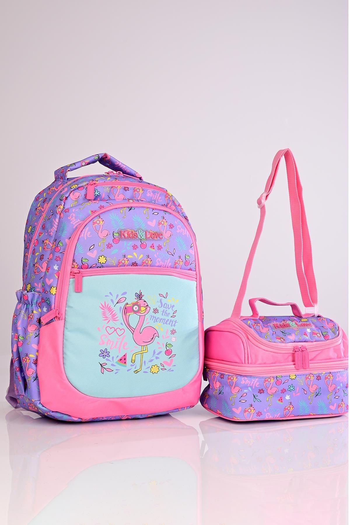 Kıds&Love L5074 Lila Flamingo Okul Sırt Çantası Beslenmeli Set