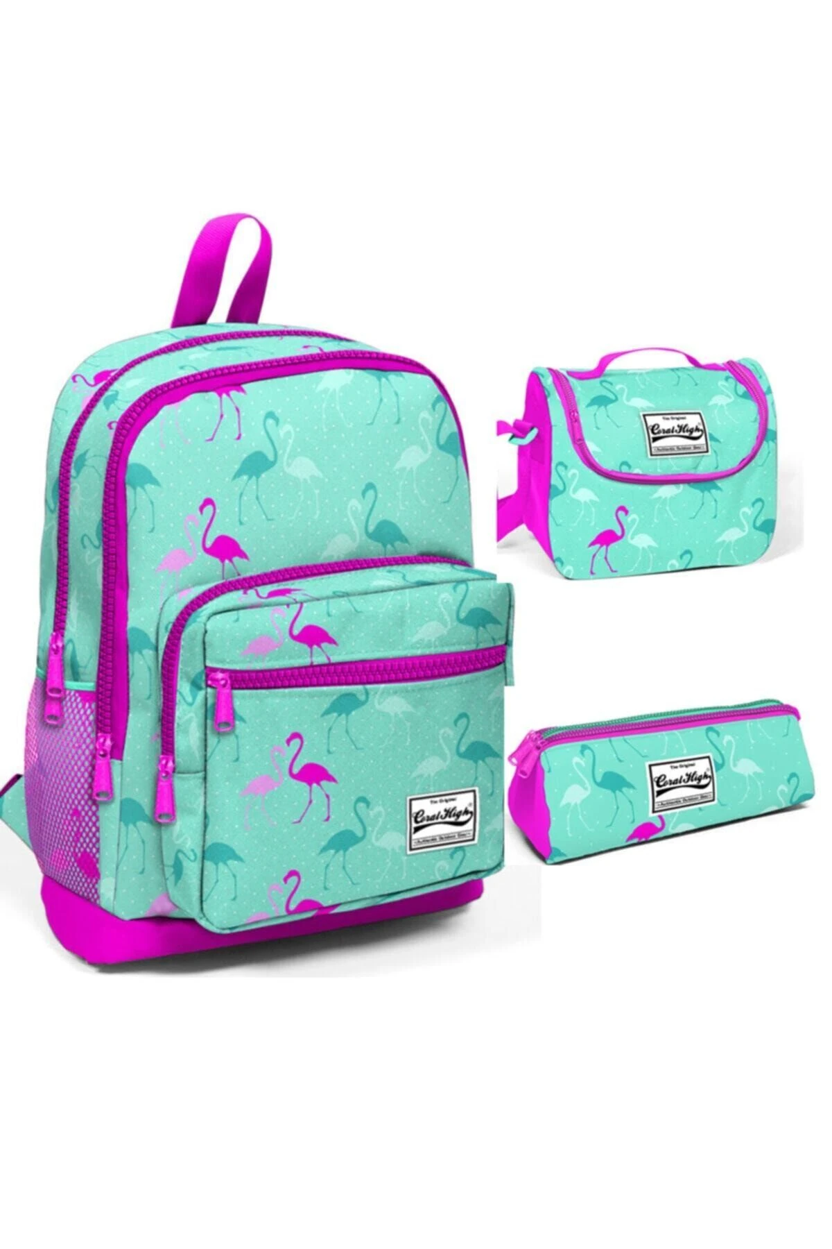 Kız Çocuk Açık Pembe Flamingolu Dört Bölmeli Ilkokul Sırt Çantası Beslenme Kalemlik Set 23111