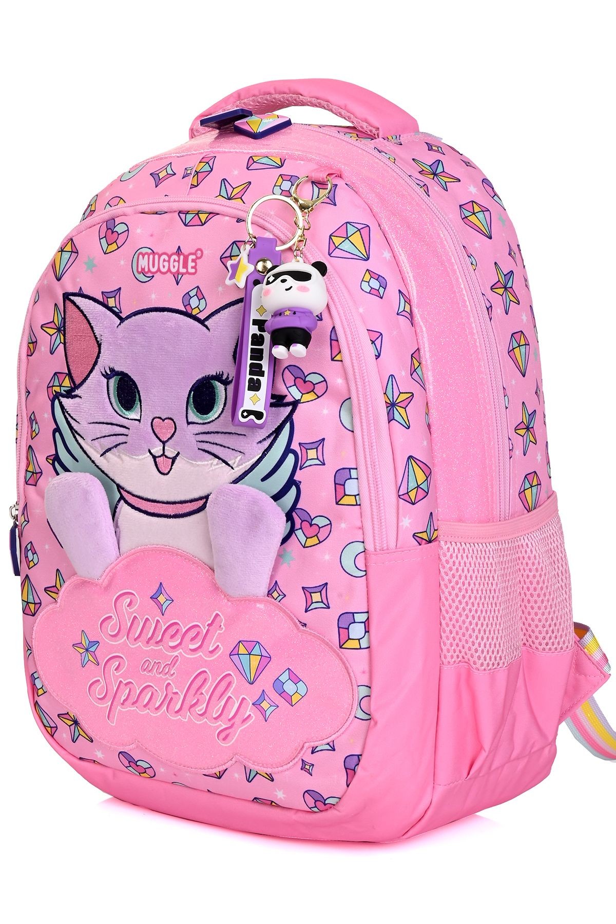 Mu-5796 Pembe Kedi Desenli Okul Çanta Seti 3'lü – Sırt Çantası, Beslenme Çantası ve Kalemlik