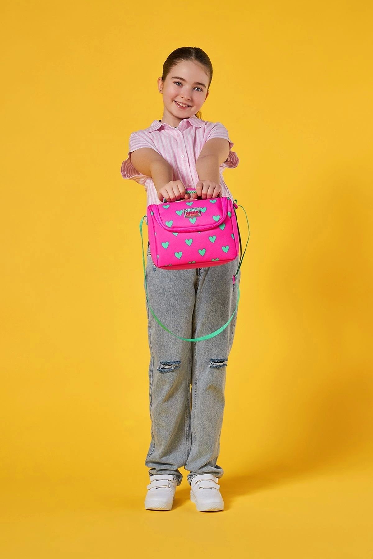 Kids Neon Pembe Su Yeşili Kalp Desenli Thermo Beslenme Çantası 11806
