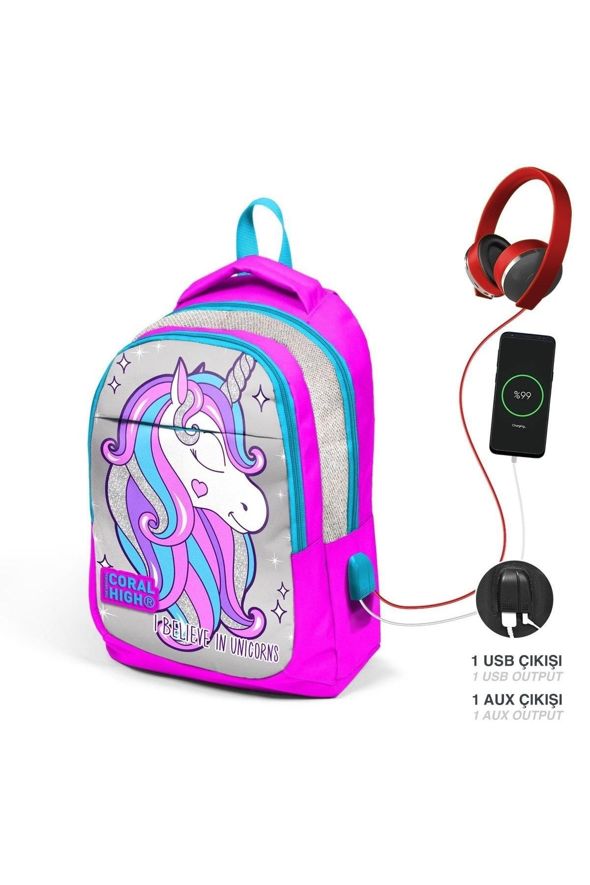 Kids Pembe Gümüş Simli Unicorn Desenli Üç Bölmeli Usb Şarjlı Kulaklık Çıkışlı Okul Sırt Ç
