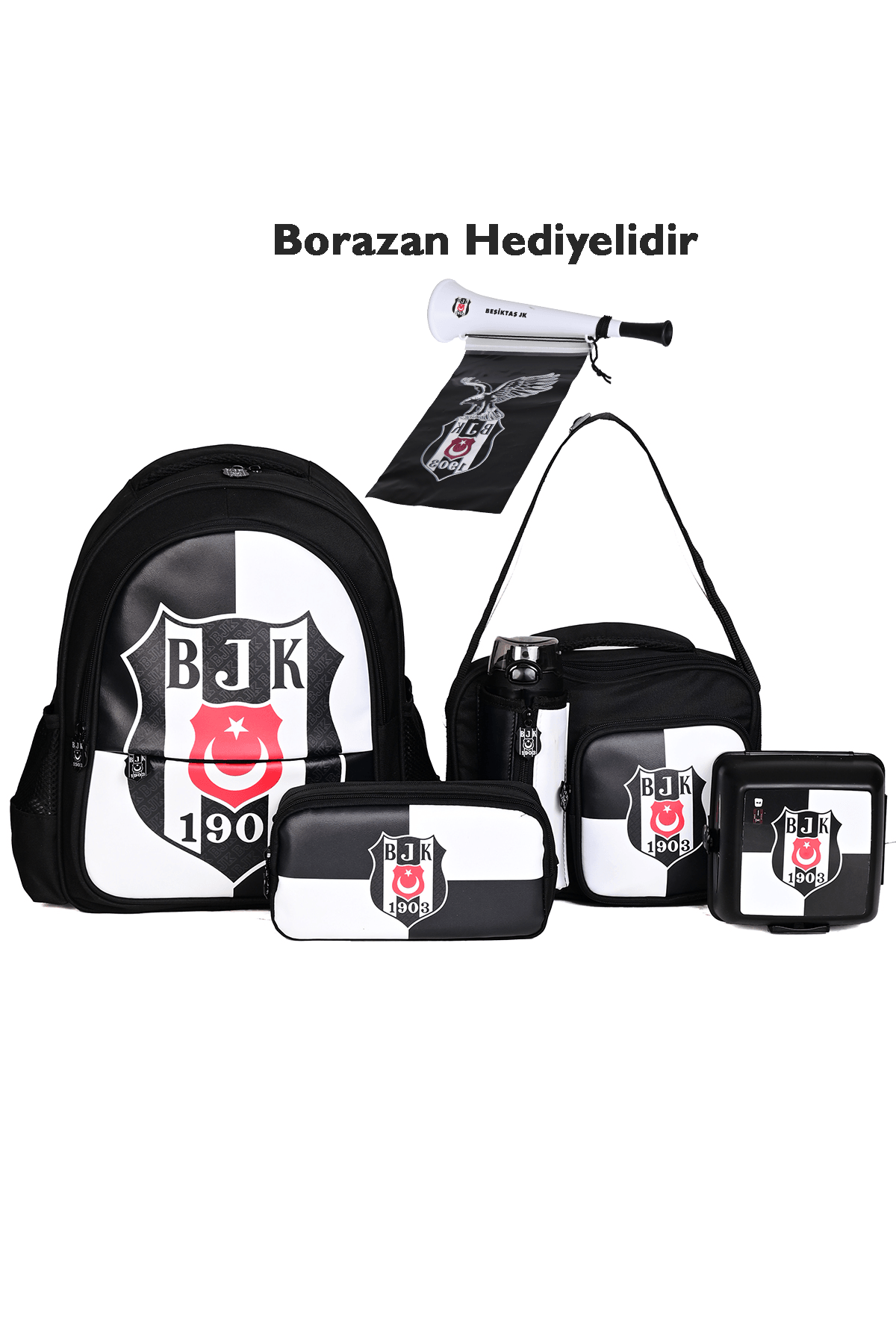 Beşiktaş BJK Lisanslı 5'li Okul Seti (Sırt Çantası + Beslenme Çantası + Kalemlik + Matara + Yemek Kabı) – Borazan Hediyeli
