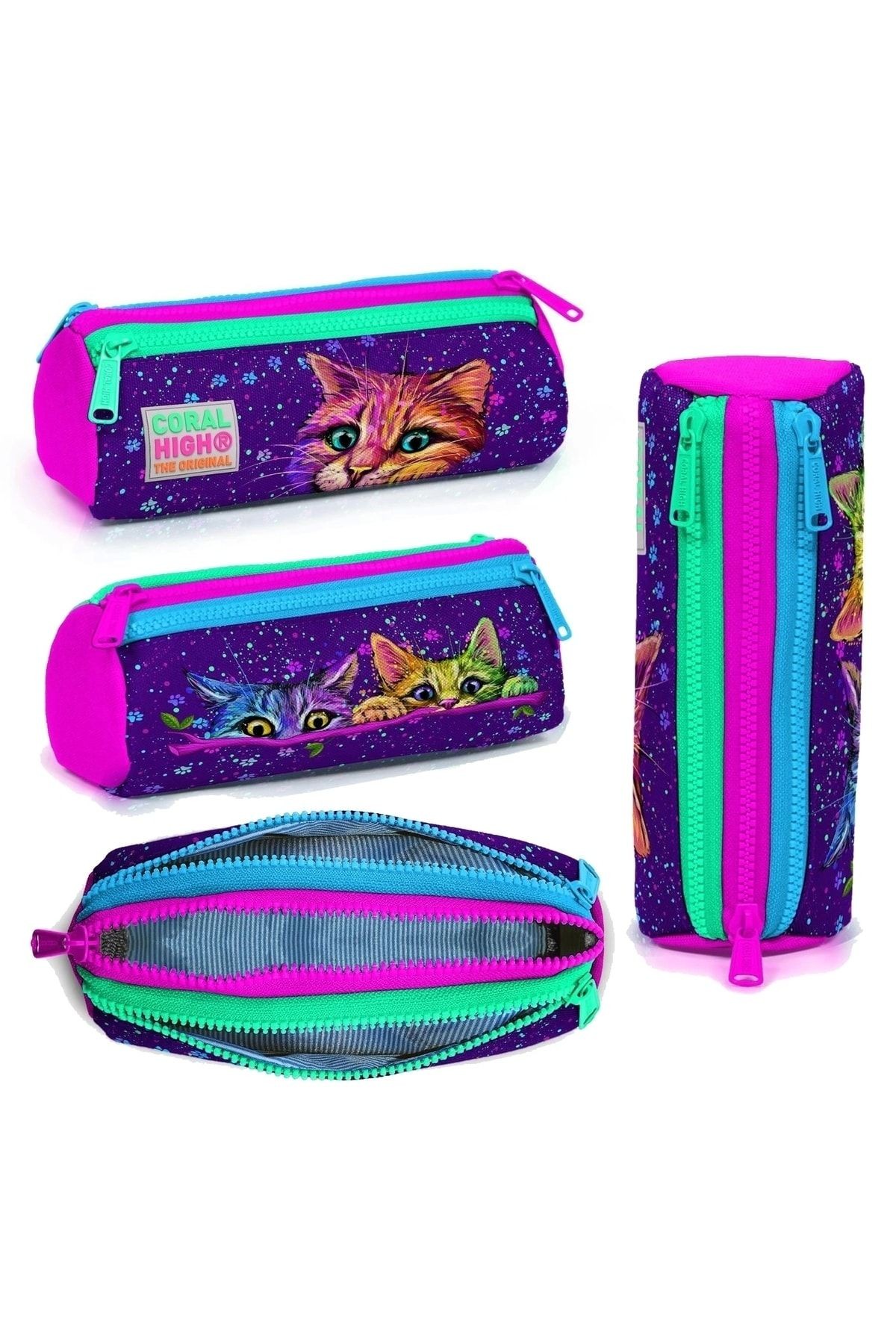 Kedi Desenli Dört Bölmeli Okul Çantası Beslenme Kalemlik 3 lü Set 23732