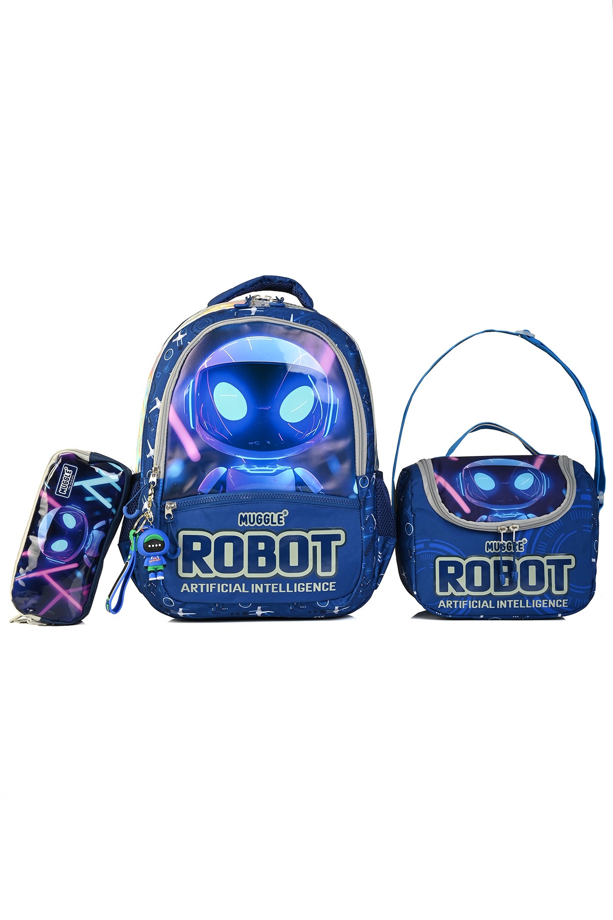 Muggle Mu5904 Robot İlkokul Sırt Çantası 3'Lü Set [Okul Çantası+Beslenme Çantası+Kalem Kutusu)