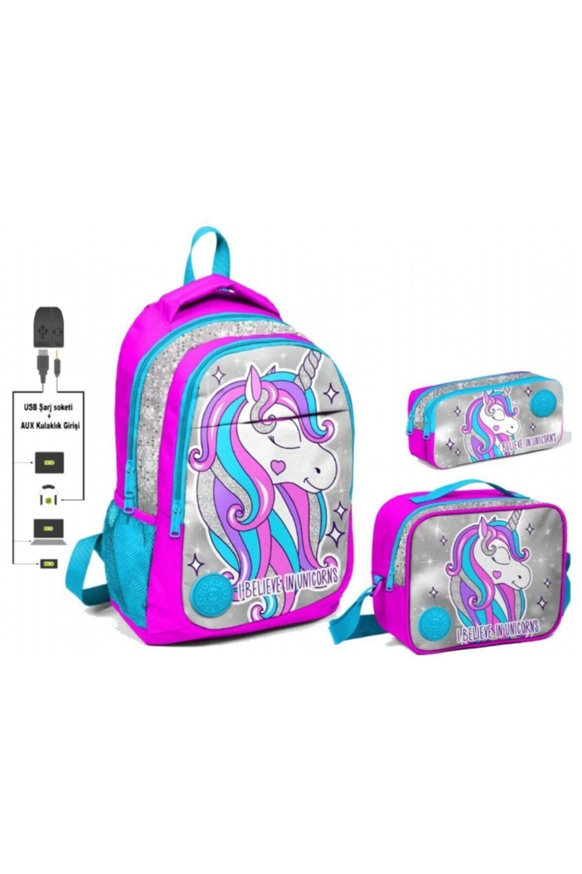 High Pembe Unicorn Baskılı Okul Çanta Seti
