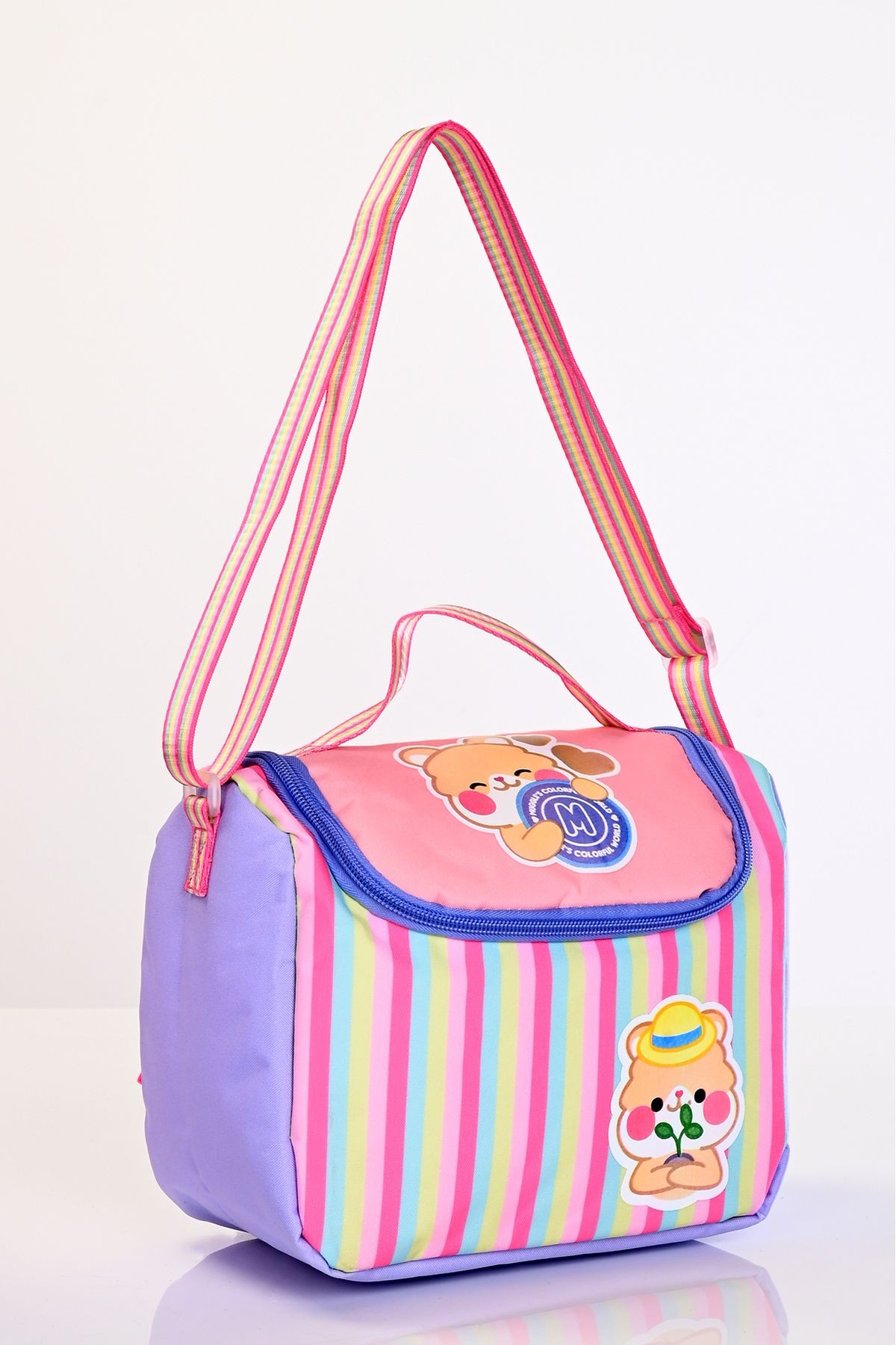 Mu-5917 Kawaii Bear Mor Pembe Çizgili Okul Çanta Seti 3'lü – Sırt Çantası, Beslenme Çantası v