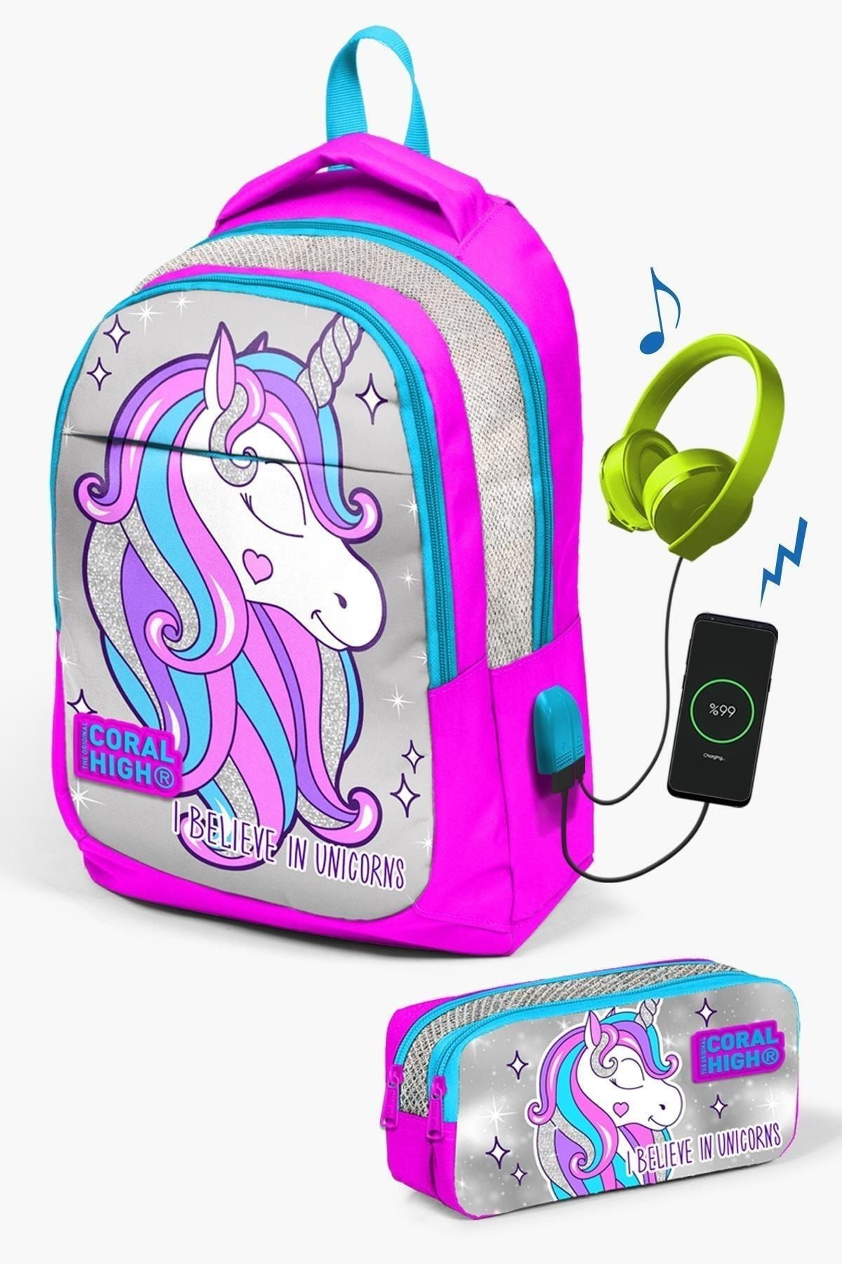 Kids Pembe Gümüş Simli Unicorn Desenli Usb'li 2'li Okul Çanta Seti SET0223412
