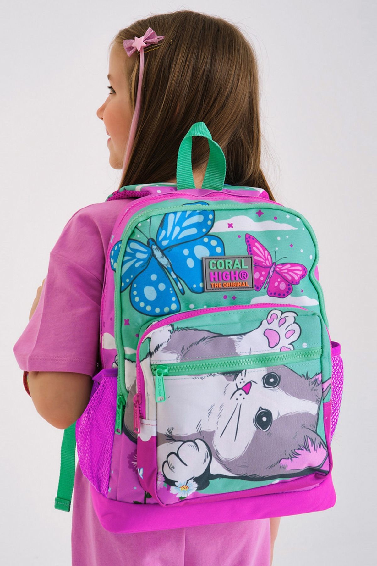 Kids Su Yeşili Pembe Kedi Desenli Dört Bölmeli Okul Sırt Çantası 23707