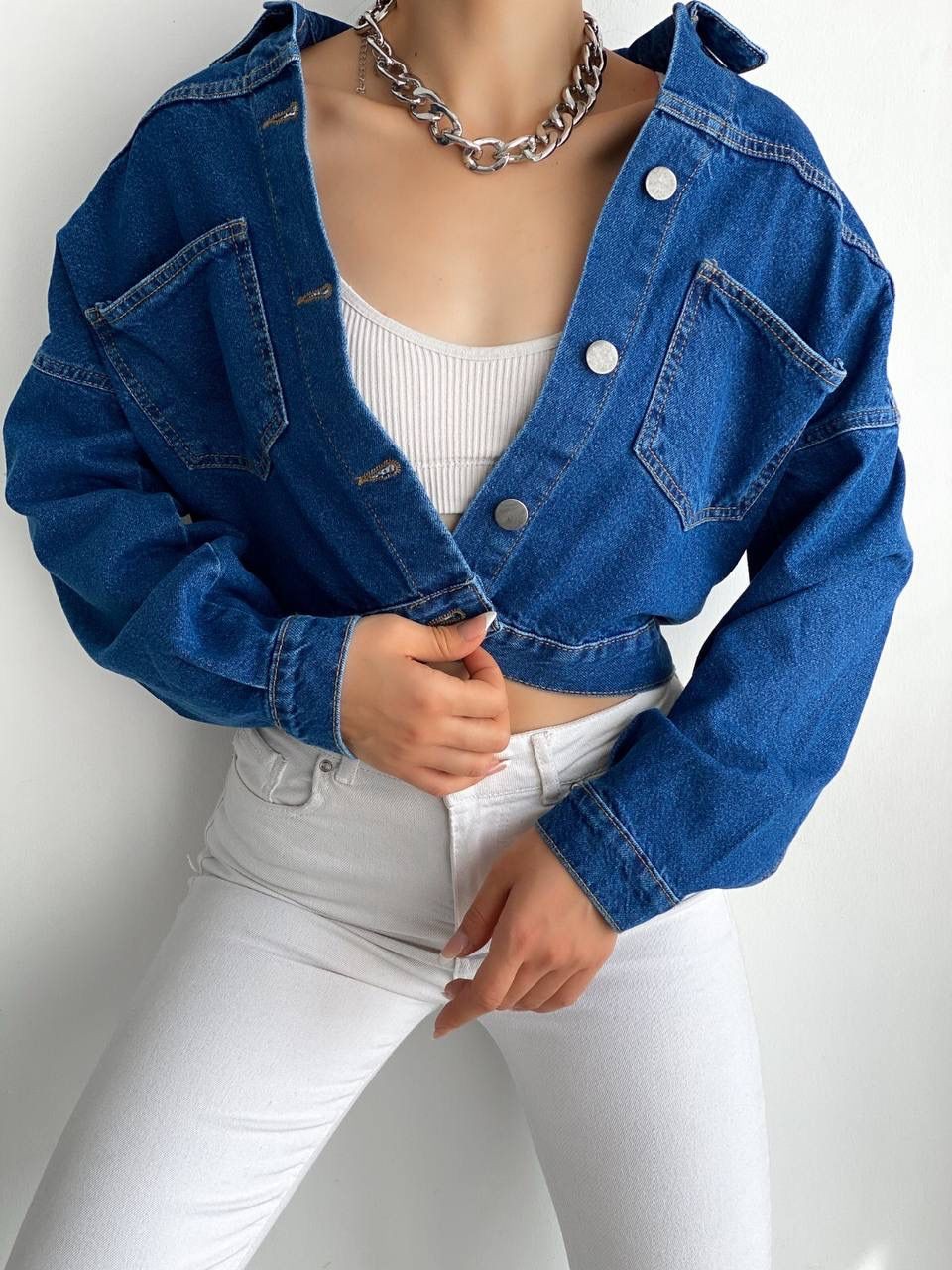 Kadın Çift Cepli Denim Crop Ceket Mavi