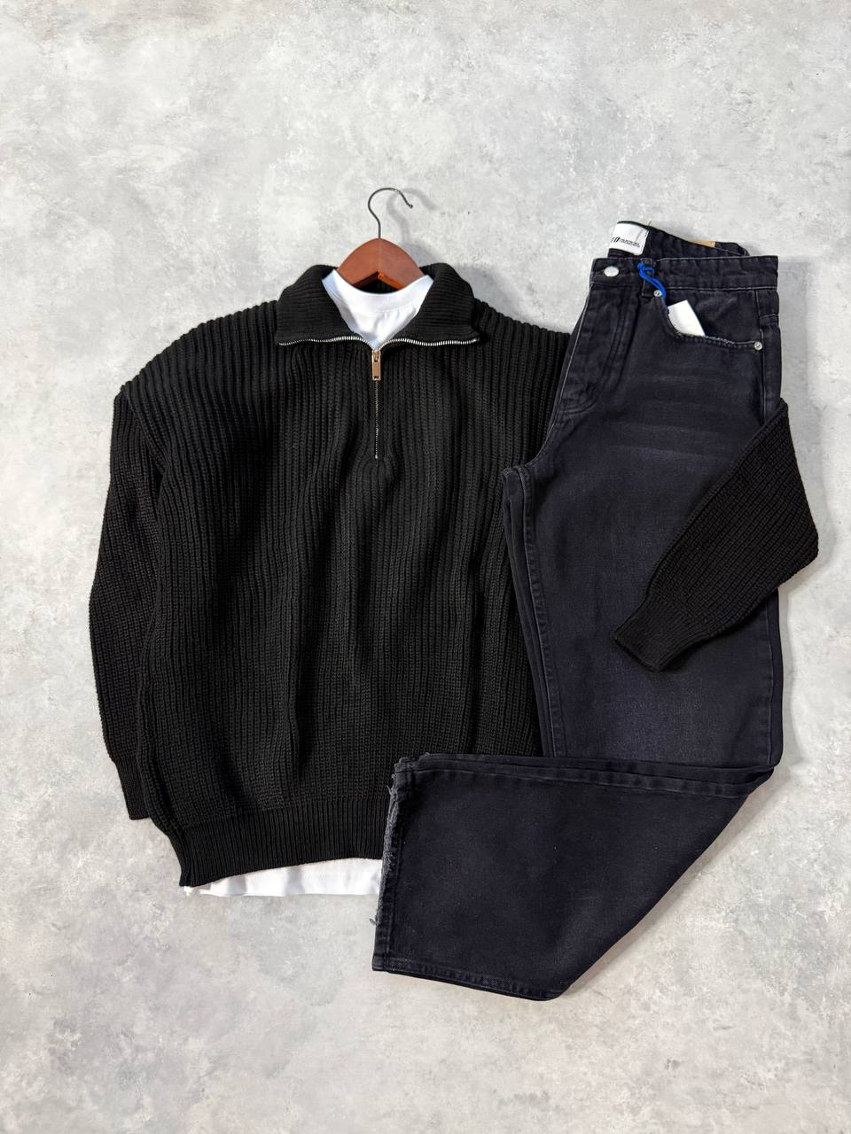 Premium Yarım Fermuar Triko Kazak & Regular Kot Pantolon - Siyah