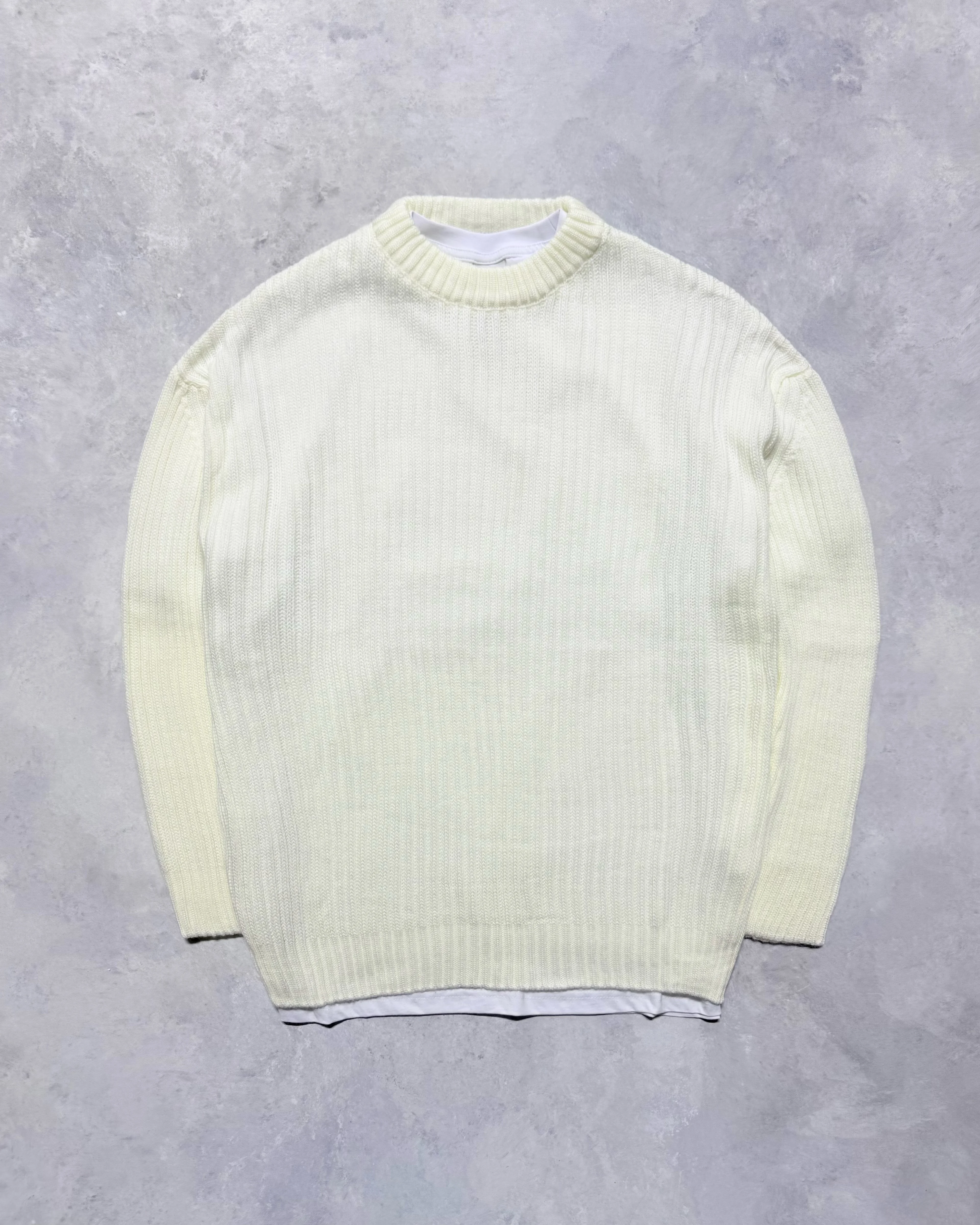 Premium Bisiklet Yaka Şeritli Kazak - Ekru