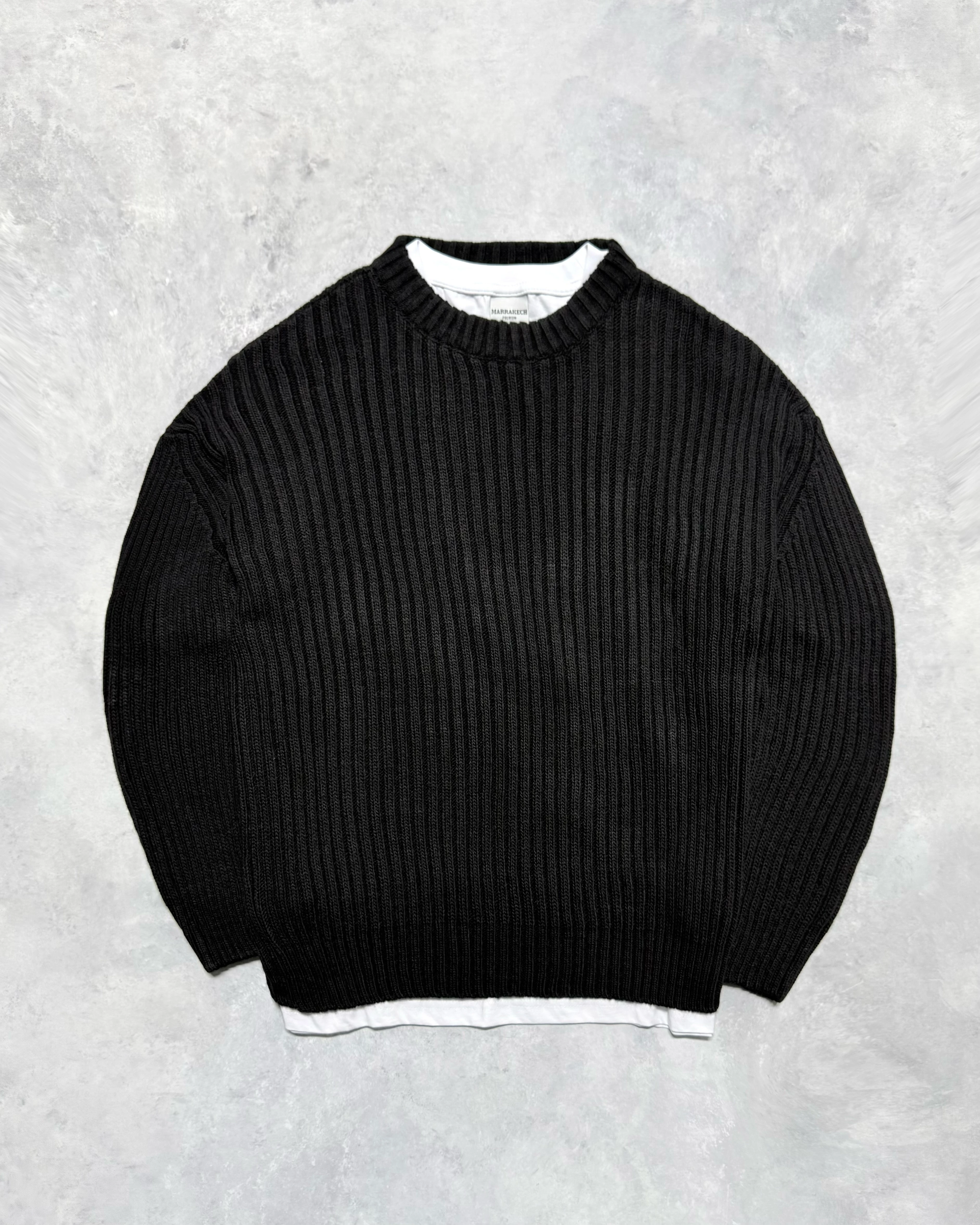 Premium Bisiklet Yaka Şeritli Kazak - Siyah