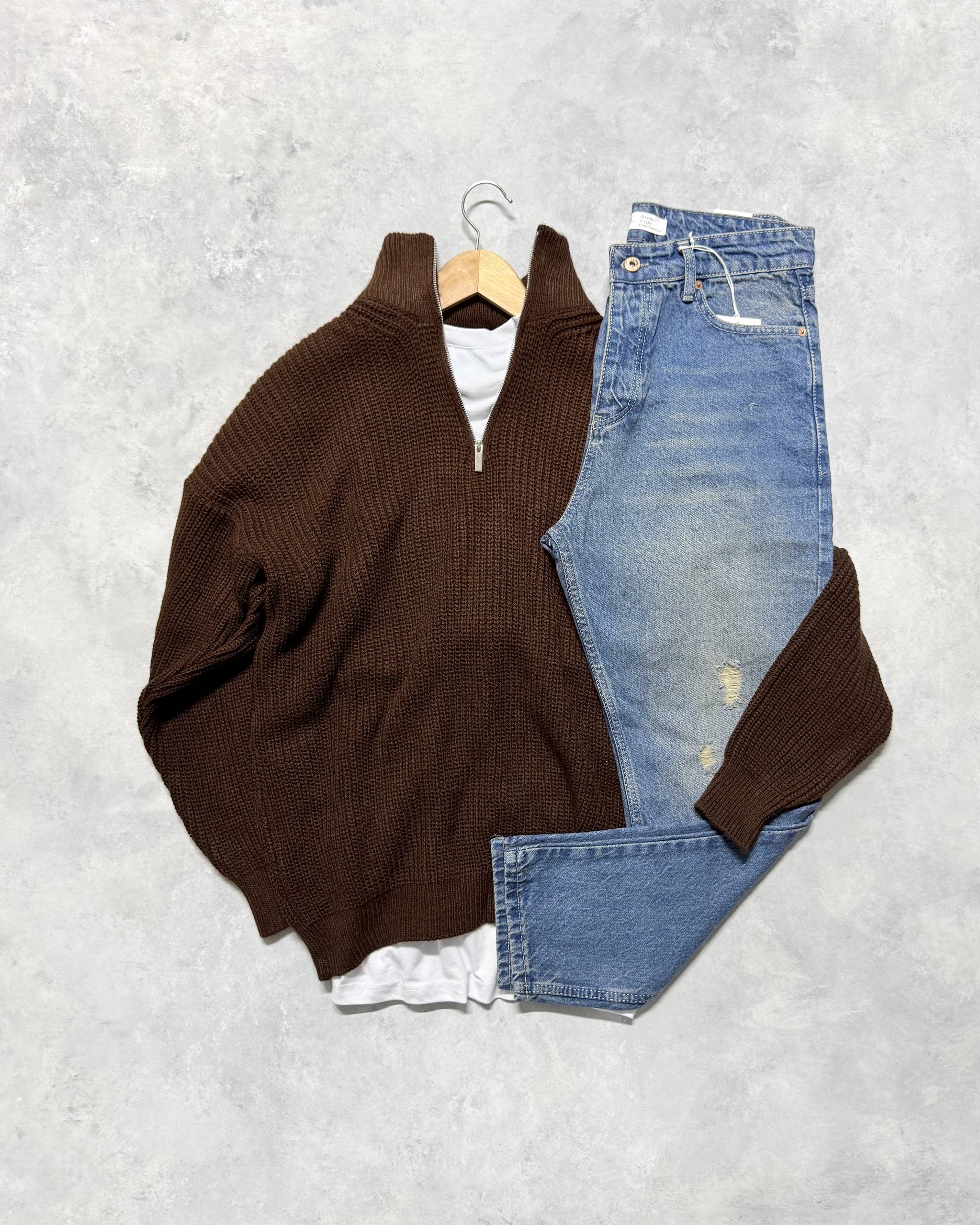 Premium Bisiklet Yaka Triko Kazak & Regular Kot Pantolon - Kahve