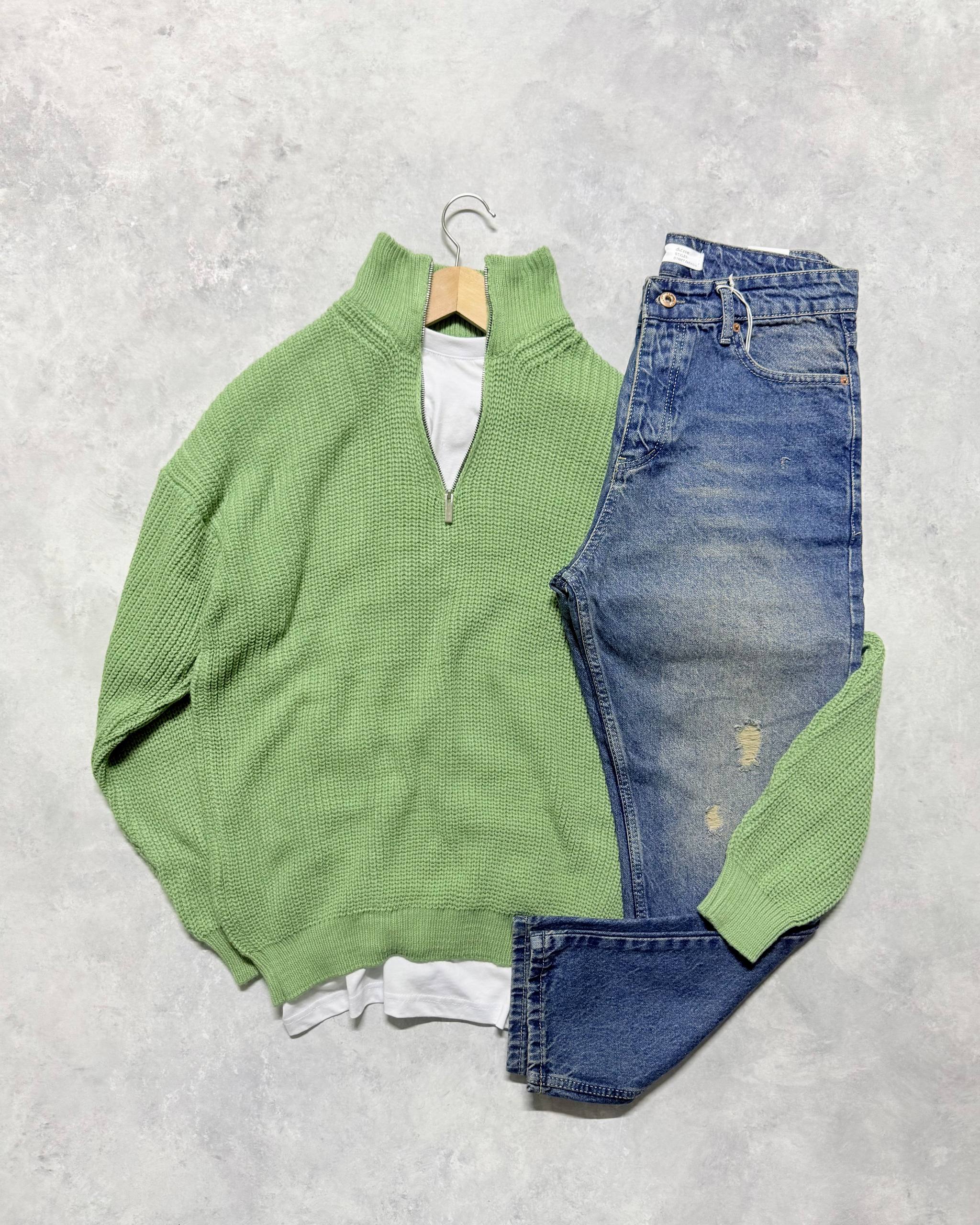 Premium Bisiklet Yaka Triko Kazak & Regular Kot Pantolon - Yeşil