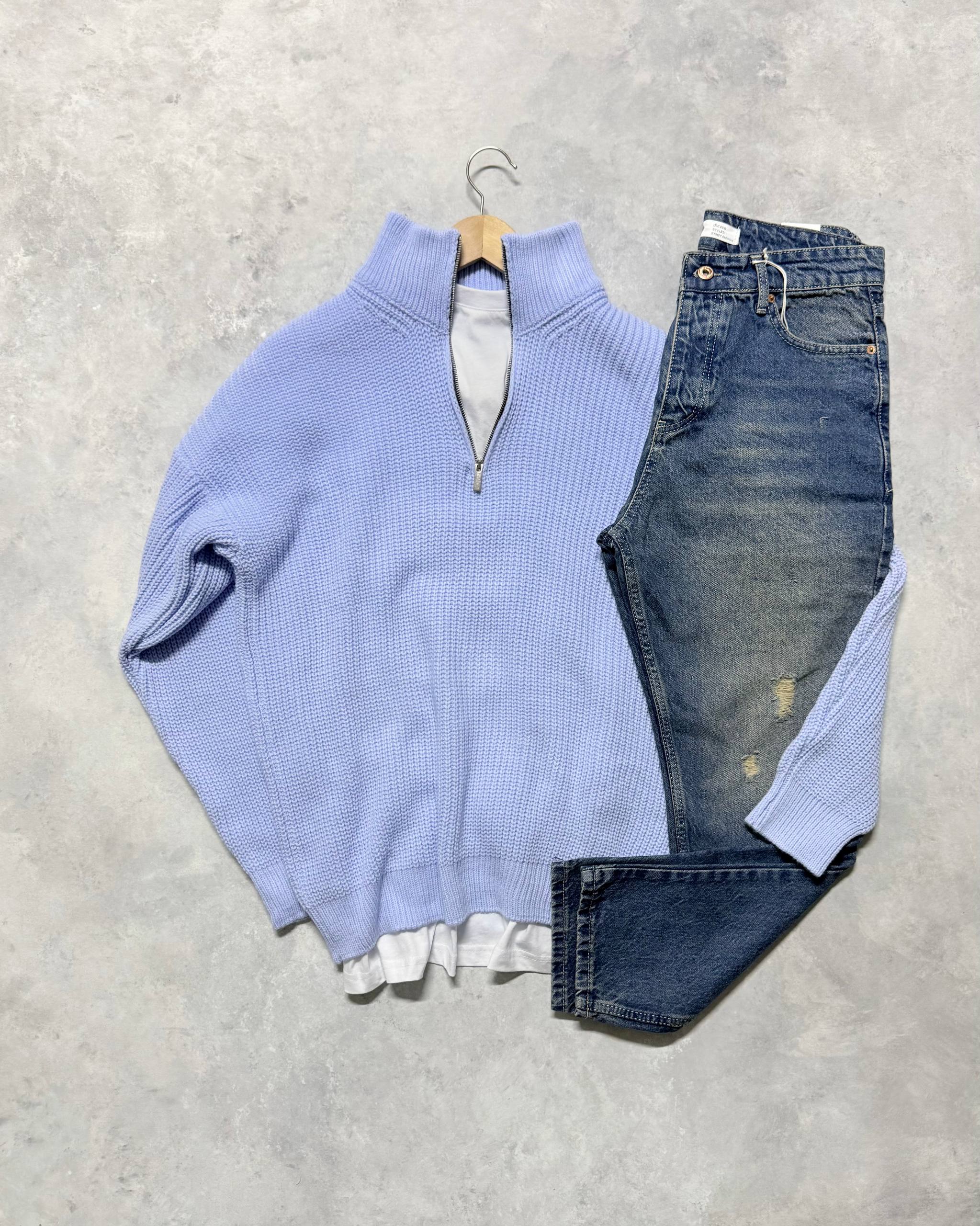 Premium Bisiklet Yaka Triko Kazak & Regular Kot Pantolon - Bebe Mavisi