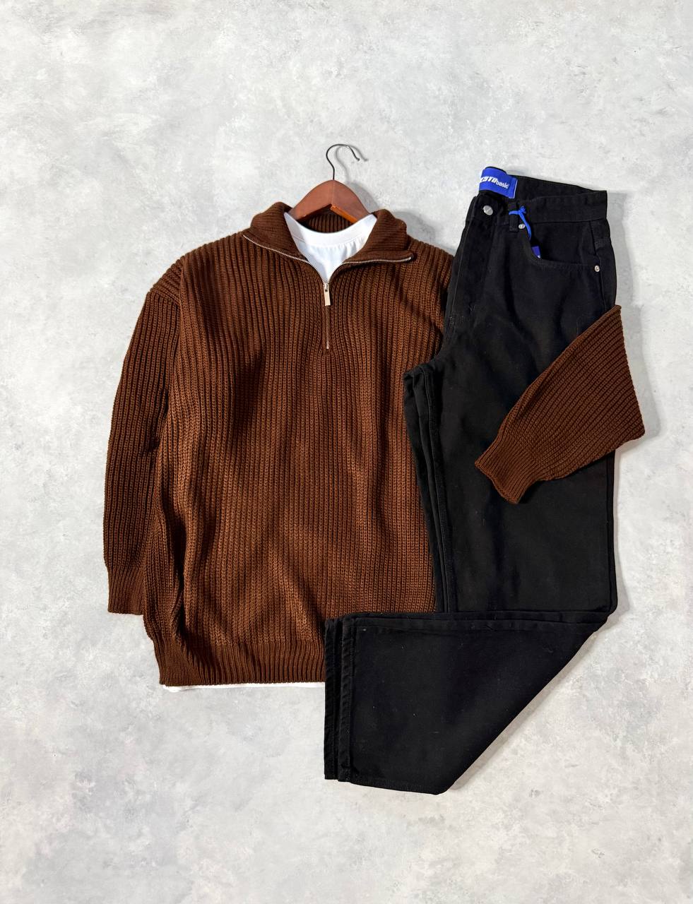 Premium Yarım Fermuar Triko Kazak & Regular Kot Pantolon - Kahve