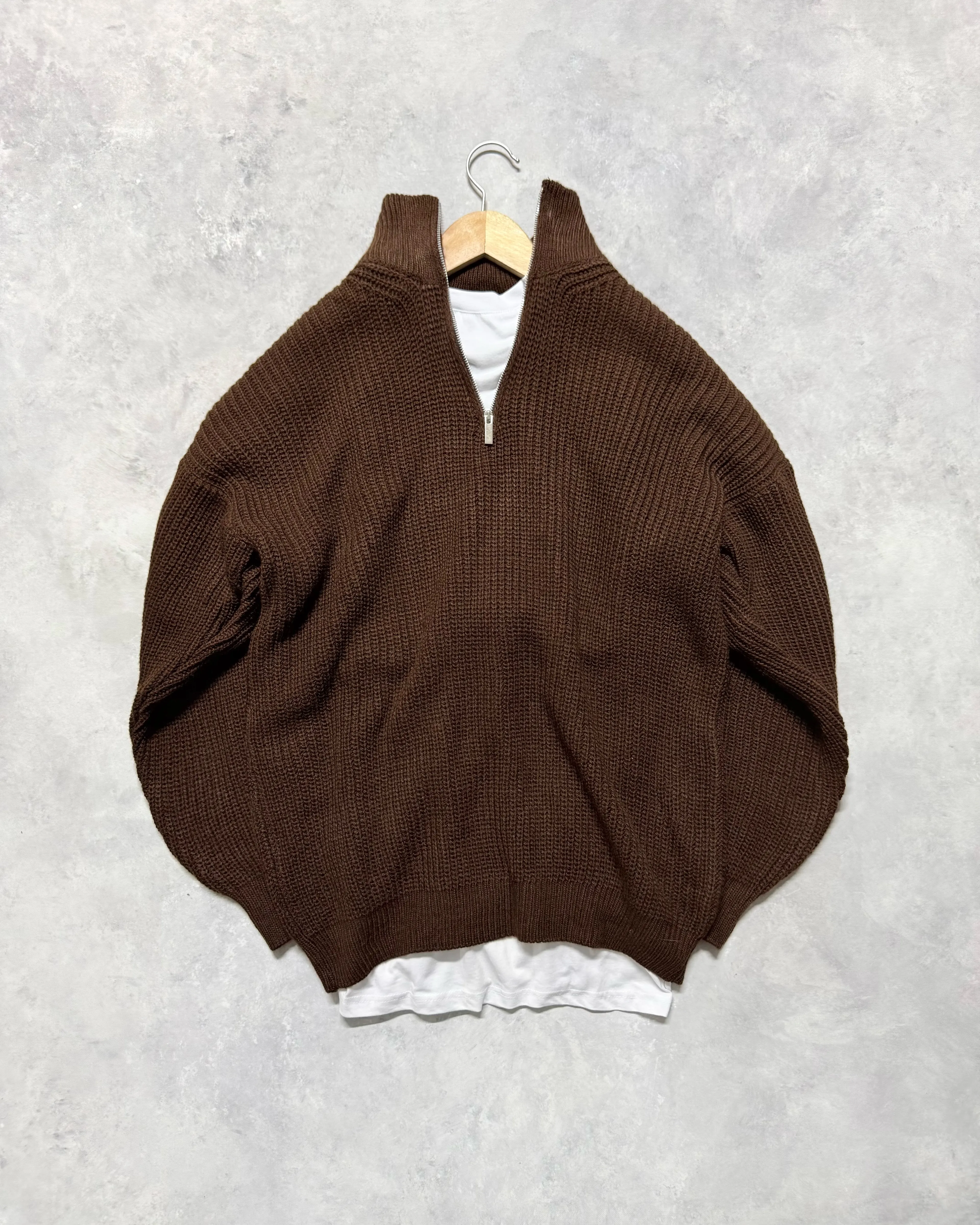 Premium Yarım Fermuar Triko Kazak - Kahve