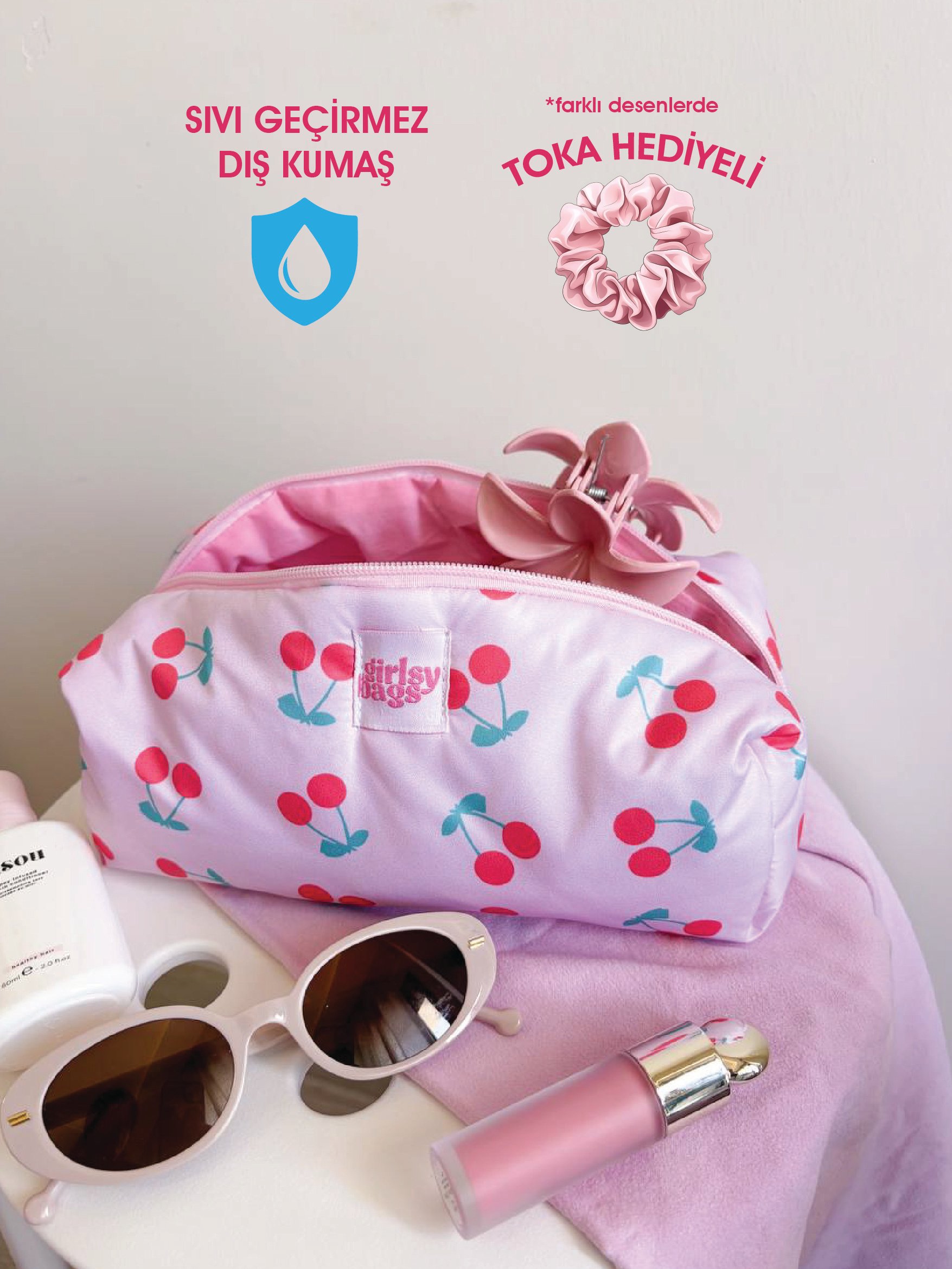 Kirazlı Pembe Sıvı Geçirmez Makyaj Çantası Plaj Havuz Kozmetik Çantası Yıkanabilir Büyük Boy