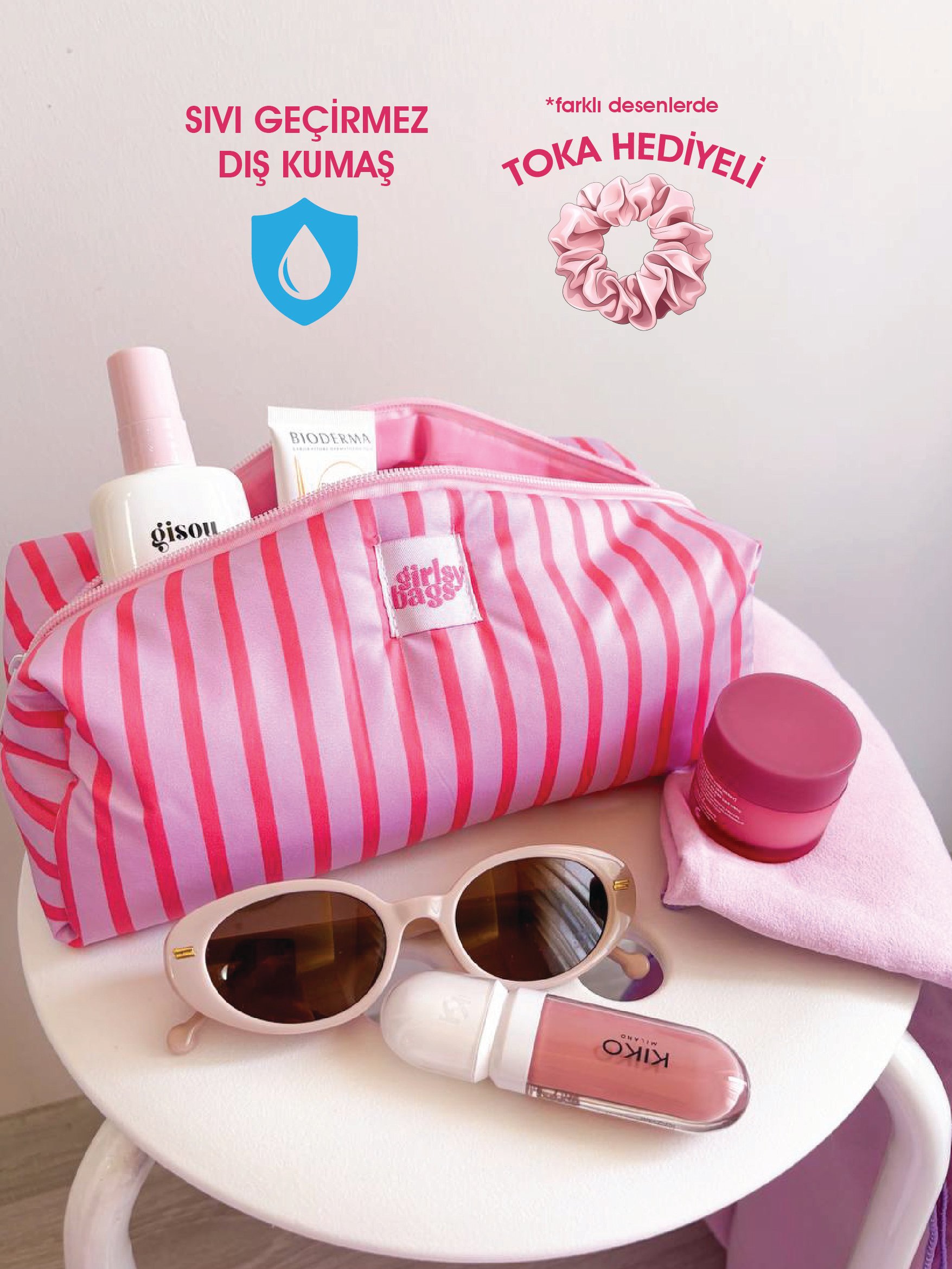 Pembe Çizgili Sıvı Geçirmez Makyaj Çantası Plaj Havuz Kozmetik Çantası Yıkanabilir Büyük Boy