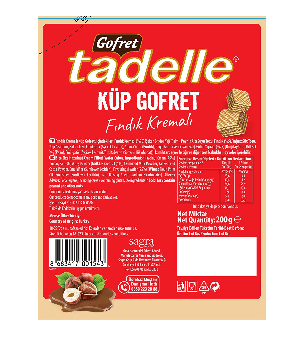 Tadelle Fındık Kremalı Küp Gofret 200 Gr