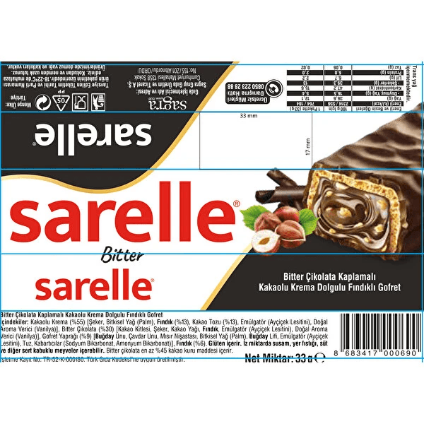 Sarelle Bitter Çikolata Kaplamalı Gofret 33 Gr 20'li