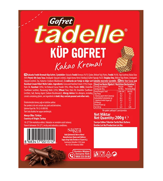 Tadelle Kakao Kremalı Küp Gofret 200 Gr