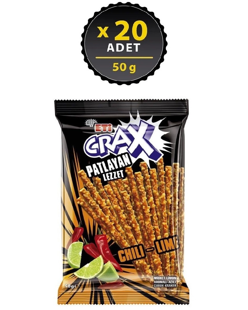 Eti Crax Patlayan Lezzet Acılı Ve Misket Limonlu Çubuk Kraker 50 Gr 20 Paket