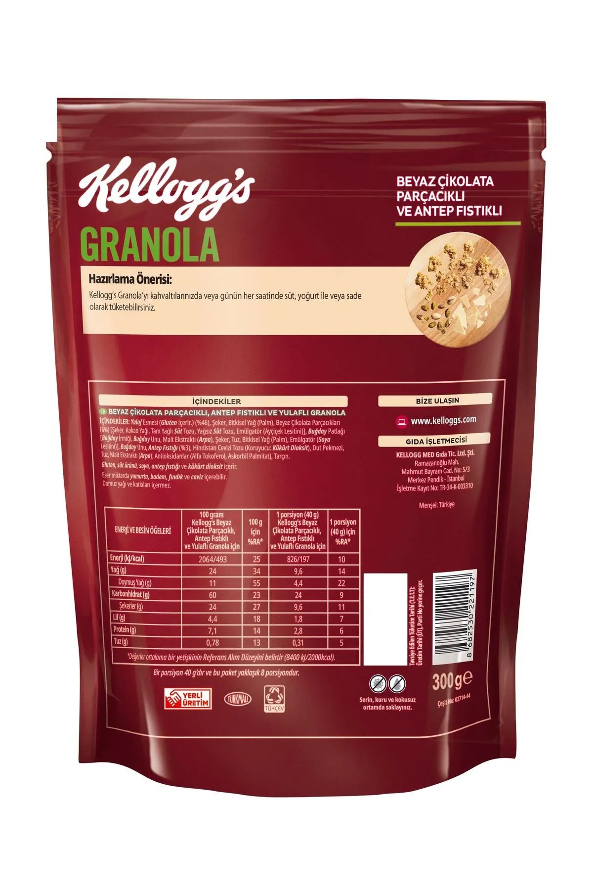 Kellogg's Beyaz Çikolata Parçacıklı Ve Antep Fıstıklı Granola 300 Gr