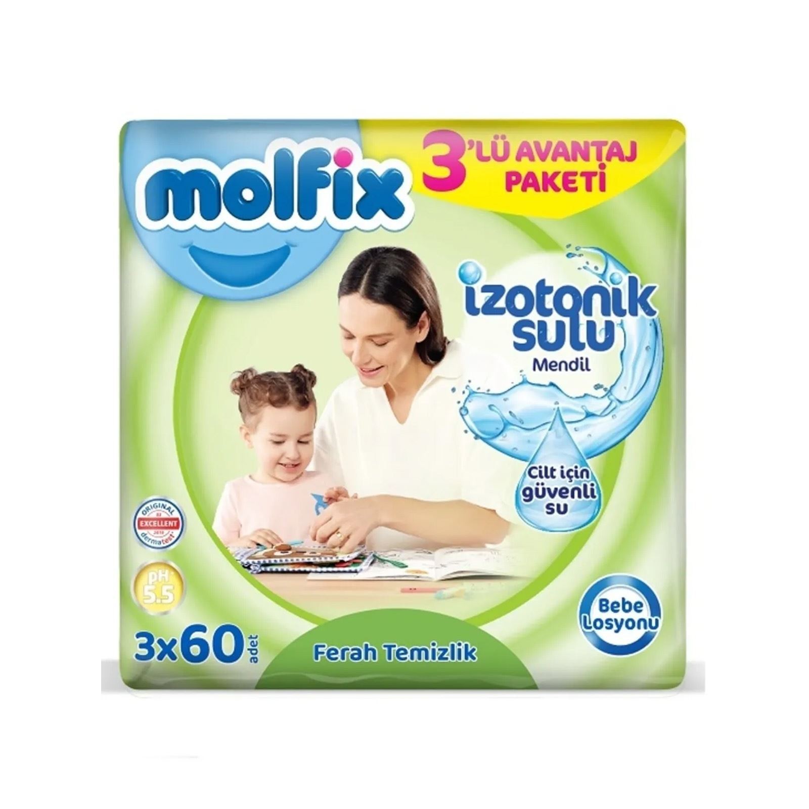 Molfix İzotonik Sulu 3'lü Avantaj Paketi Islak Mendil 3x60 Adet