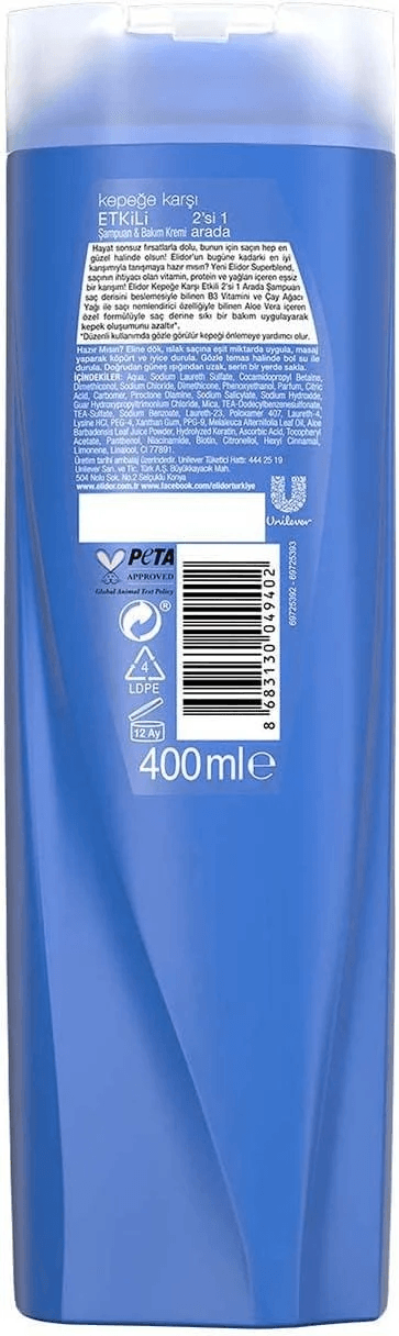 Elidor Kepeğe Karşı Etkili 2's İ 1 Arada Şampuan&Bakım Kremi 400 Ml