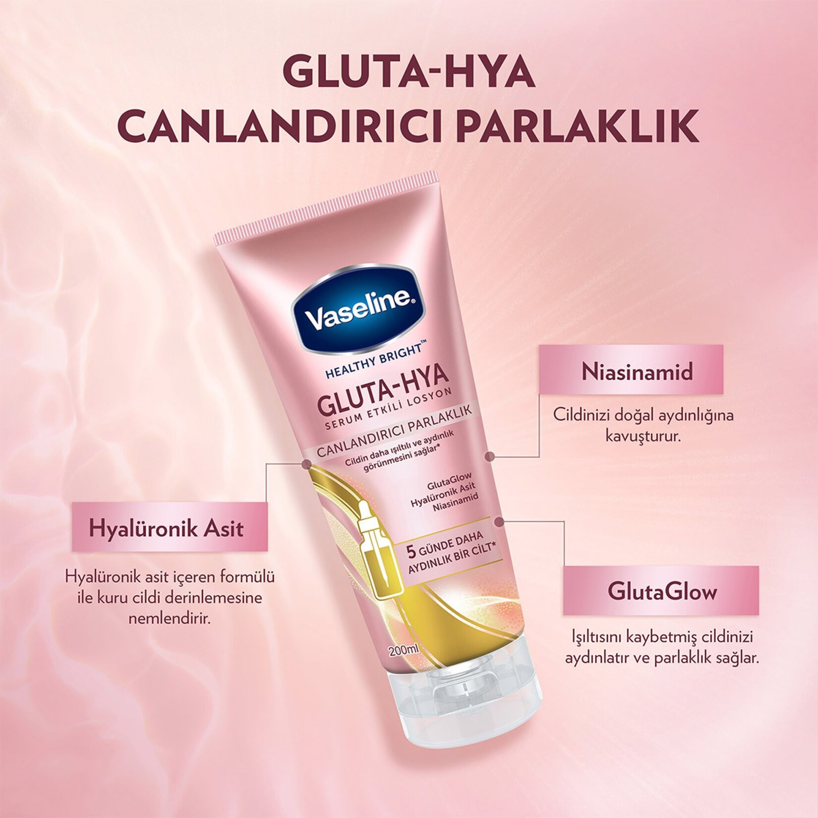 Vaseline Gluta-Hya Canlandırıcı Parlaklık Serum Etkili Losyon 200 Ml