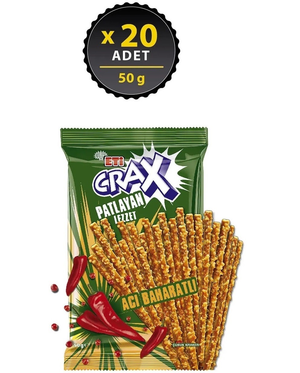 Eti Crax Patlayan Lezzet Acı Baharatlı Çubuk Kraker 50 Gr 20 Paket