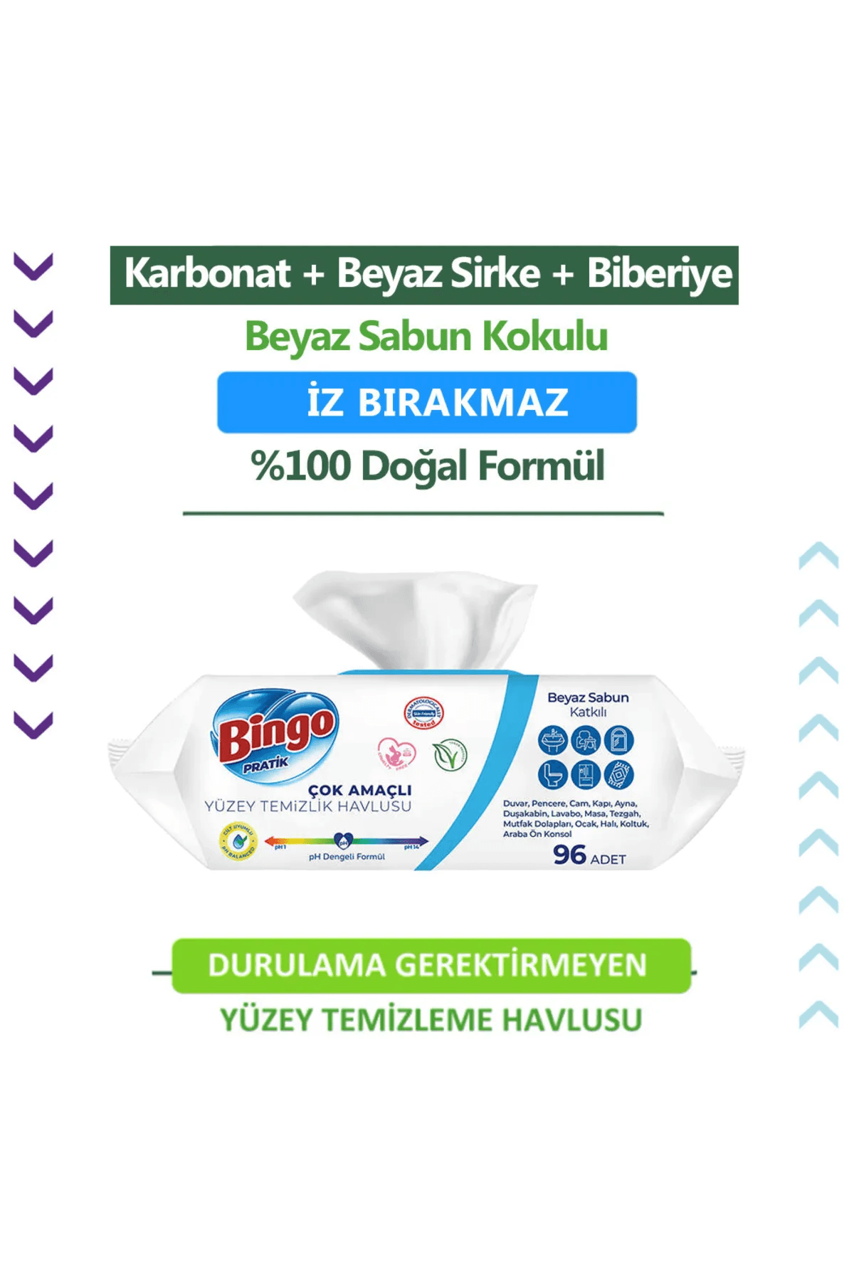 Bingo Çok Amaçlı Yüzey Temizlik Havlusu Beyaz Sabun Kokulu 96 Adet