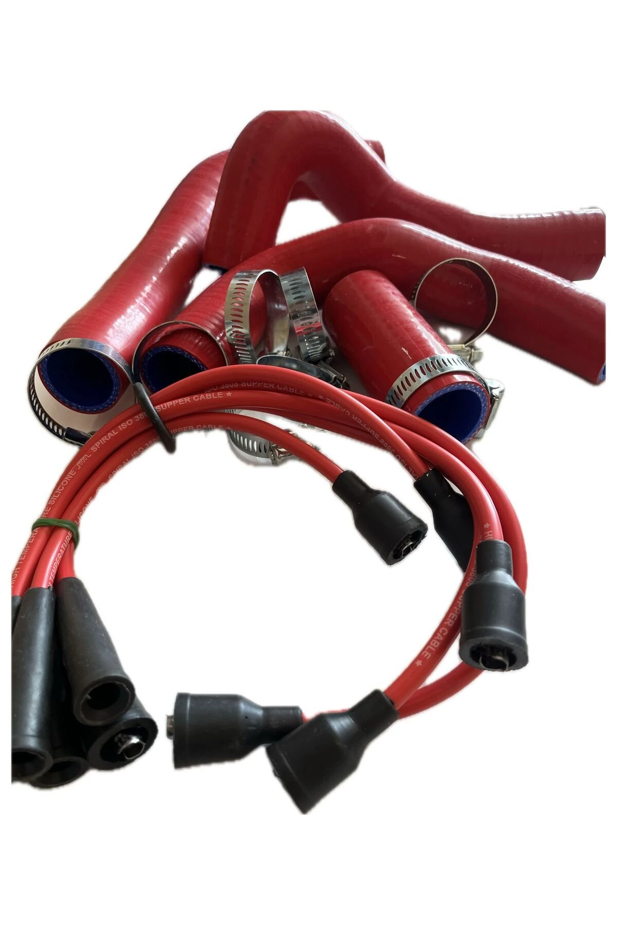 Doğan Kartal Şahin Radyatör Hortumu Termostat Hortumu Ve  7 mm Buji Kablosu + Kelepçe Silikon Kırmızı