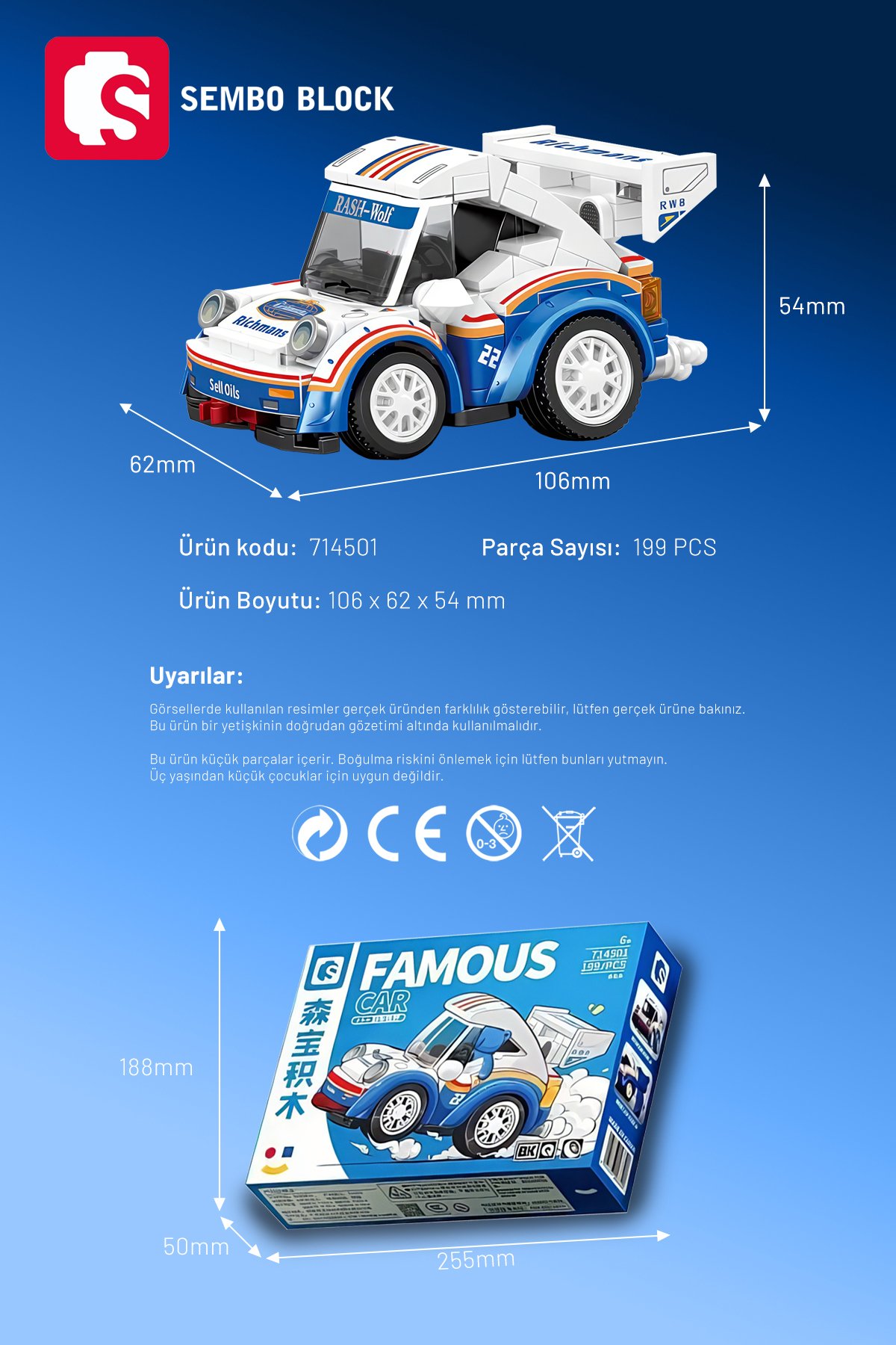 Mini Cars Beyaz&Mavi yarış arabası 197 Parça yapı blokları Lego ile uyumlu (714501A)