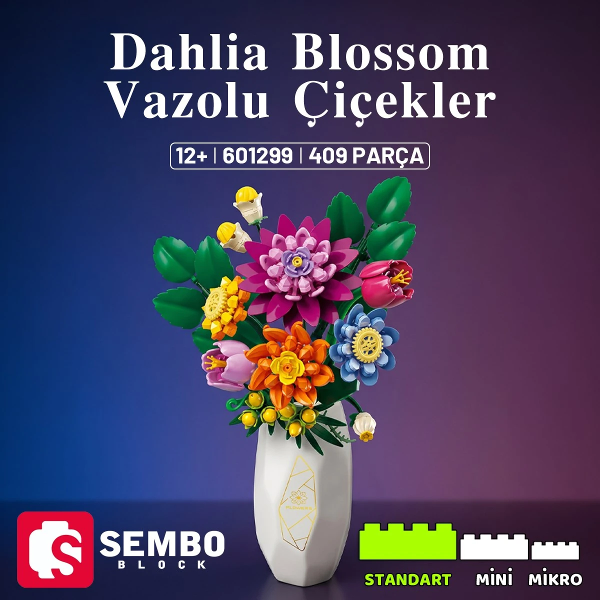 Sembo Block | Dahlia Blossom Vazolu Çiçekler Yapı Bloğu Seti 409