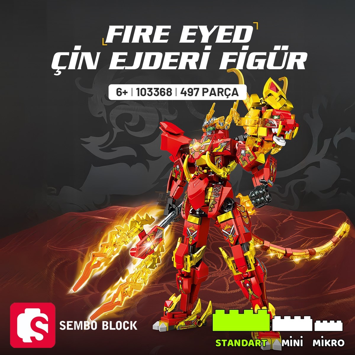 Fire Eyed Çin Ejderi Figür Yapı Bloğu Seti 497 Parça