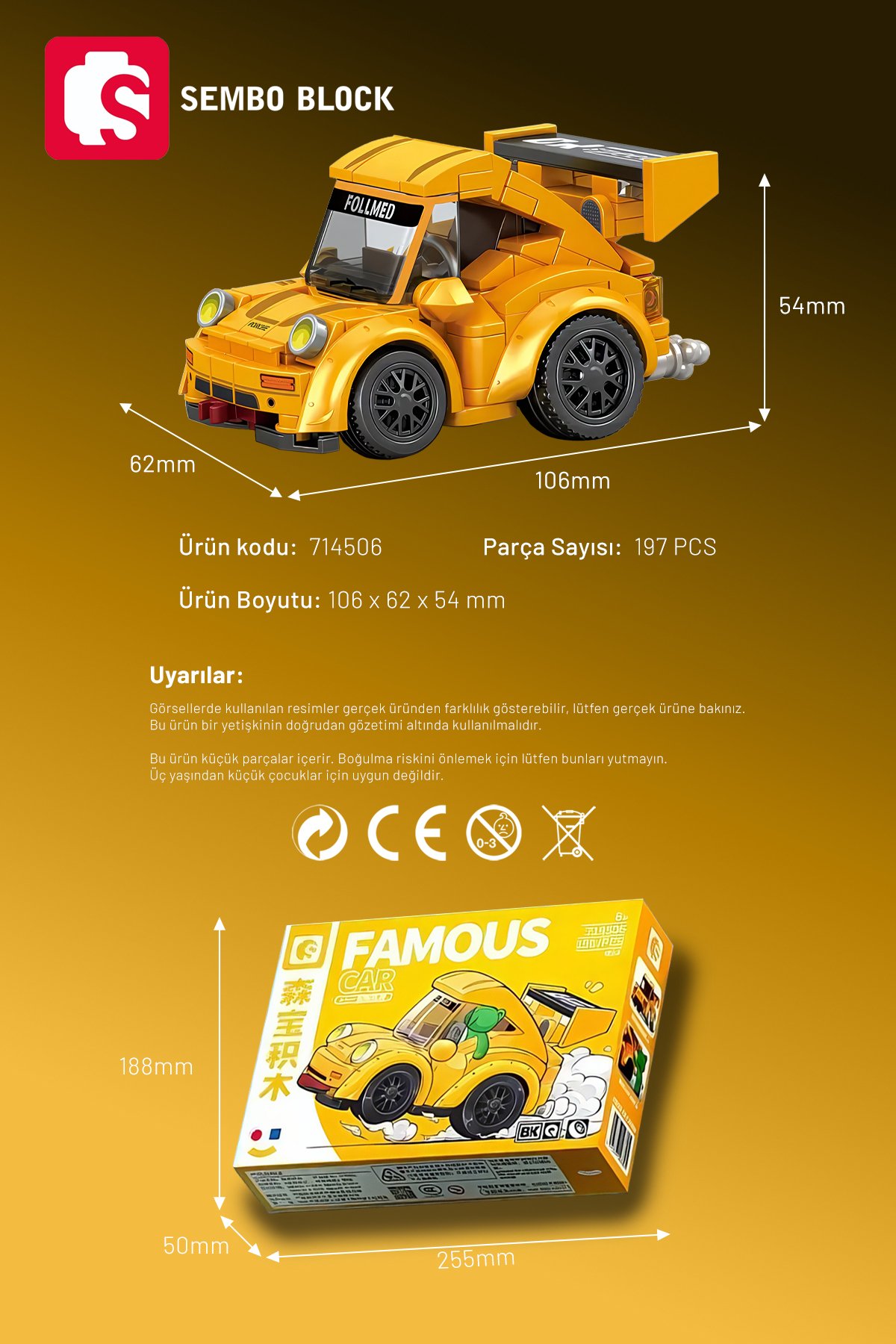 Mini Cars Sarı yarış arabası 197 Parça yapı blokları Lego ile uyumlu (714506A)