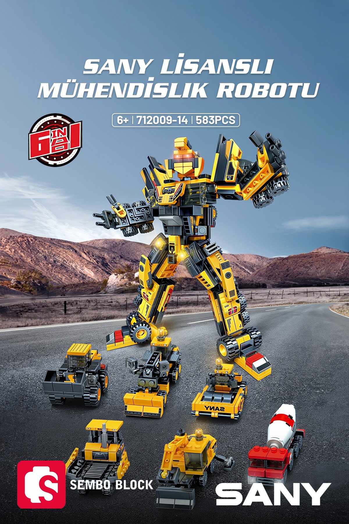 Sany Lisanslı 6'sı 1 Arada mühendislik robotu 583 parça yapı blokları Lego ile uyumlu (712009-712014)