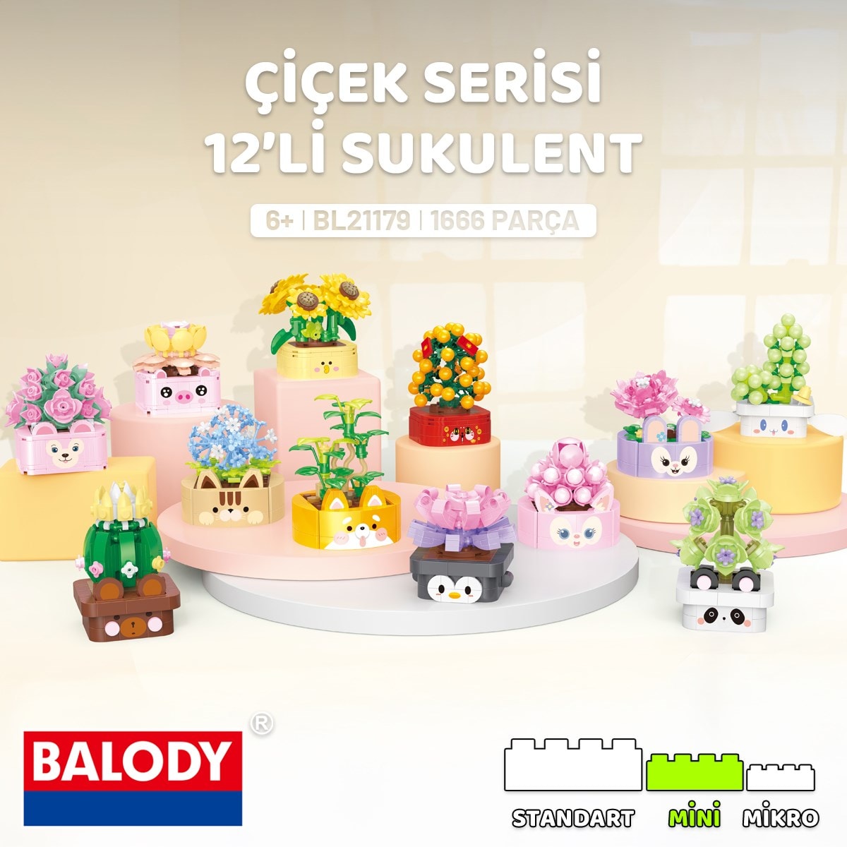 Balody Çiçek Serisi 12’li Sukulent Yapı Bloğu Seti – 1666 Parça