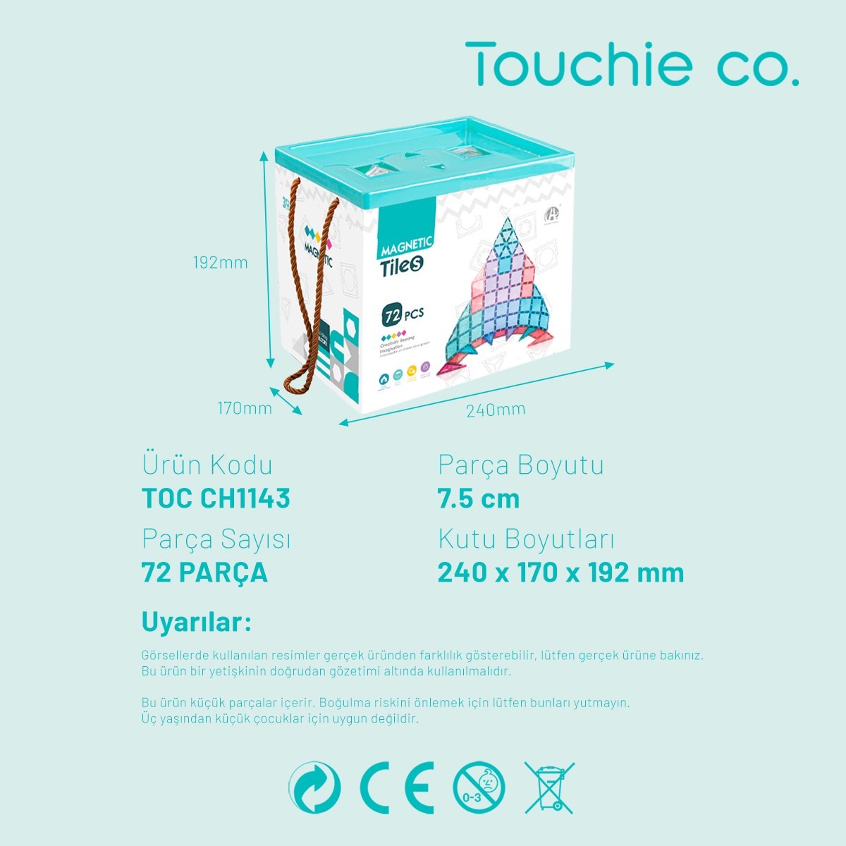 Touchie Co. Mıknatıslı manyetik 72 parça yapı blokları seti