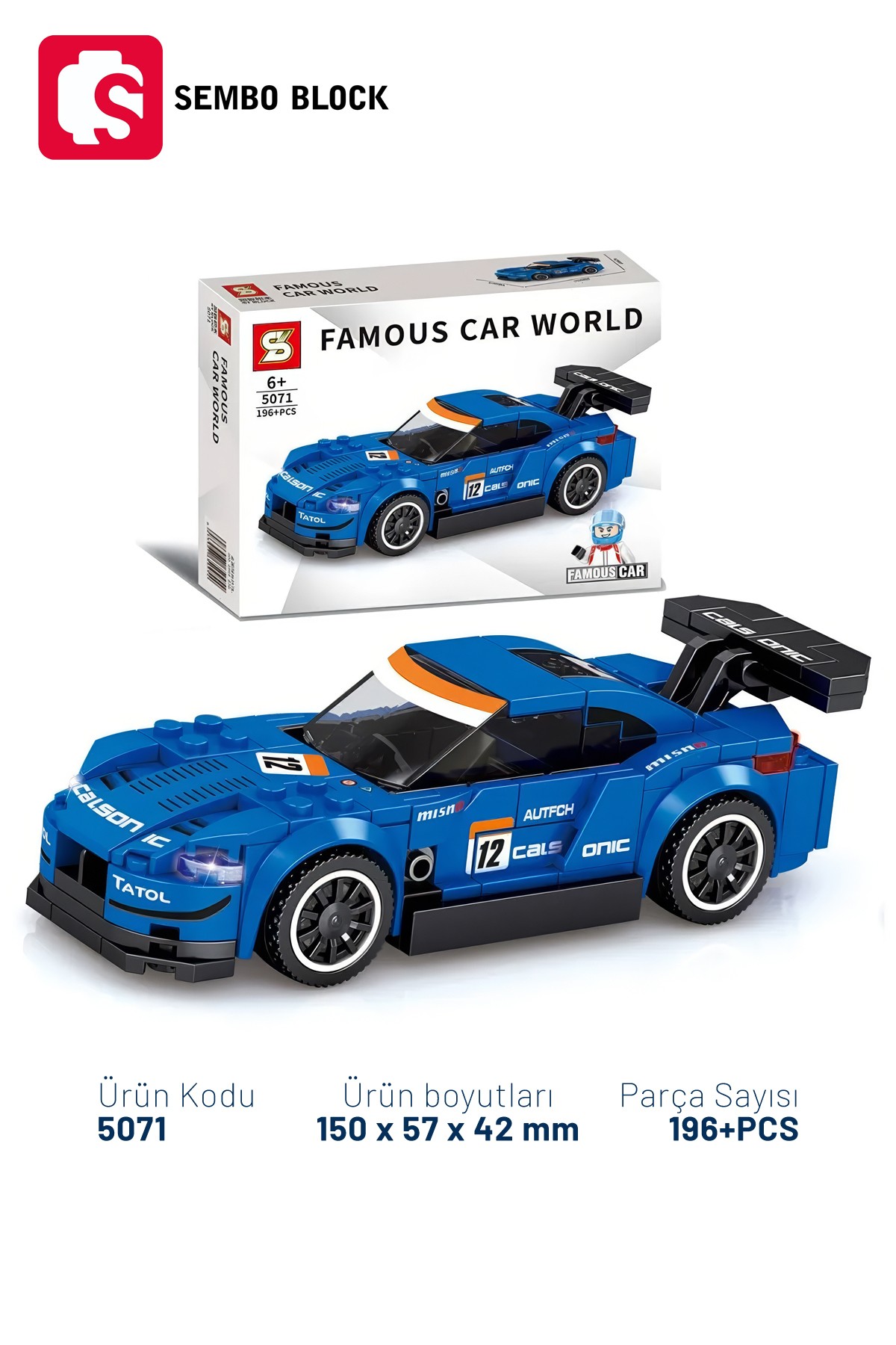 Famous Car Mavi Yarış arabası 196 Parça yapı blokları Lego ile uyumlu (5071)