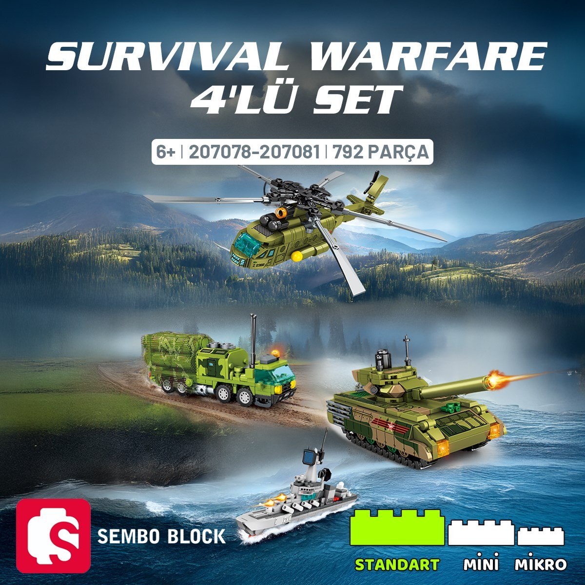 Sembo BLock Survival Warfare 4'lü Askeri Araçlar Yapı Bloğu Seti 792 Parça