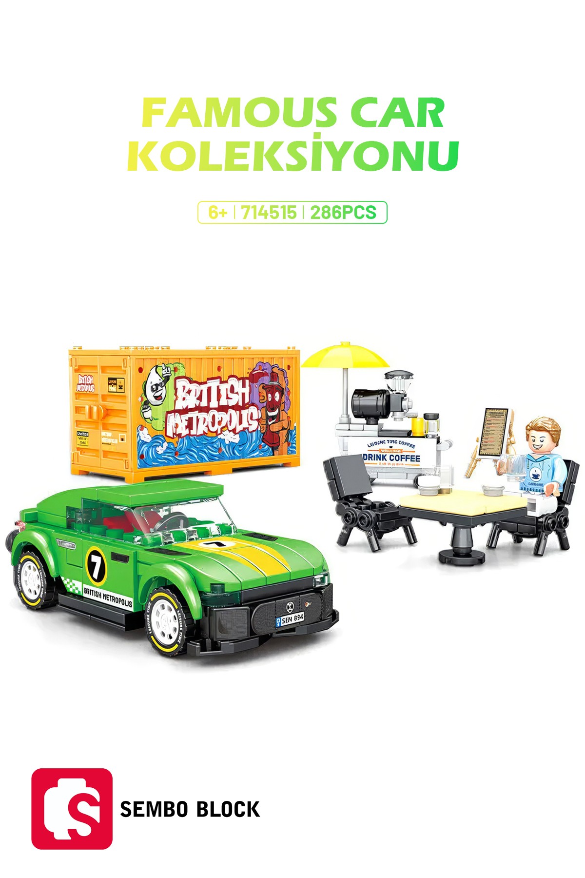 Famous Cars Londra Yeşil Coupe araba 298 Parça Yapı blokları Lego ile uyumlu (714515)