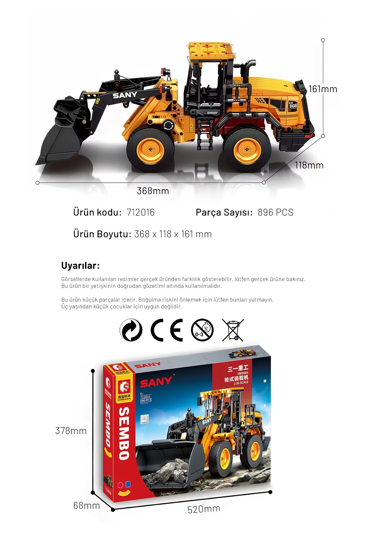 Sany Lisanslı Kepçe 896 Parça yapı blokları Lego ile uyumlu (712016)