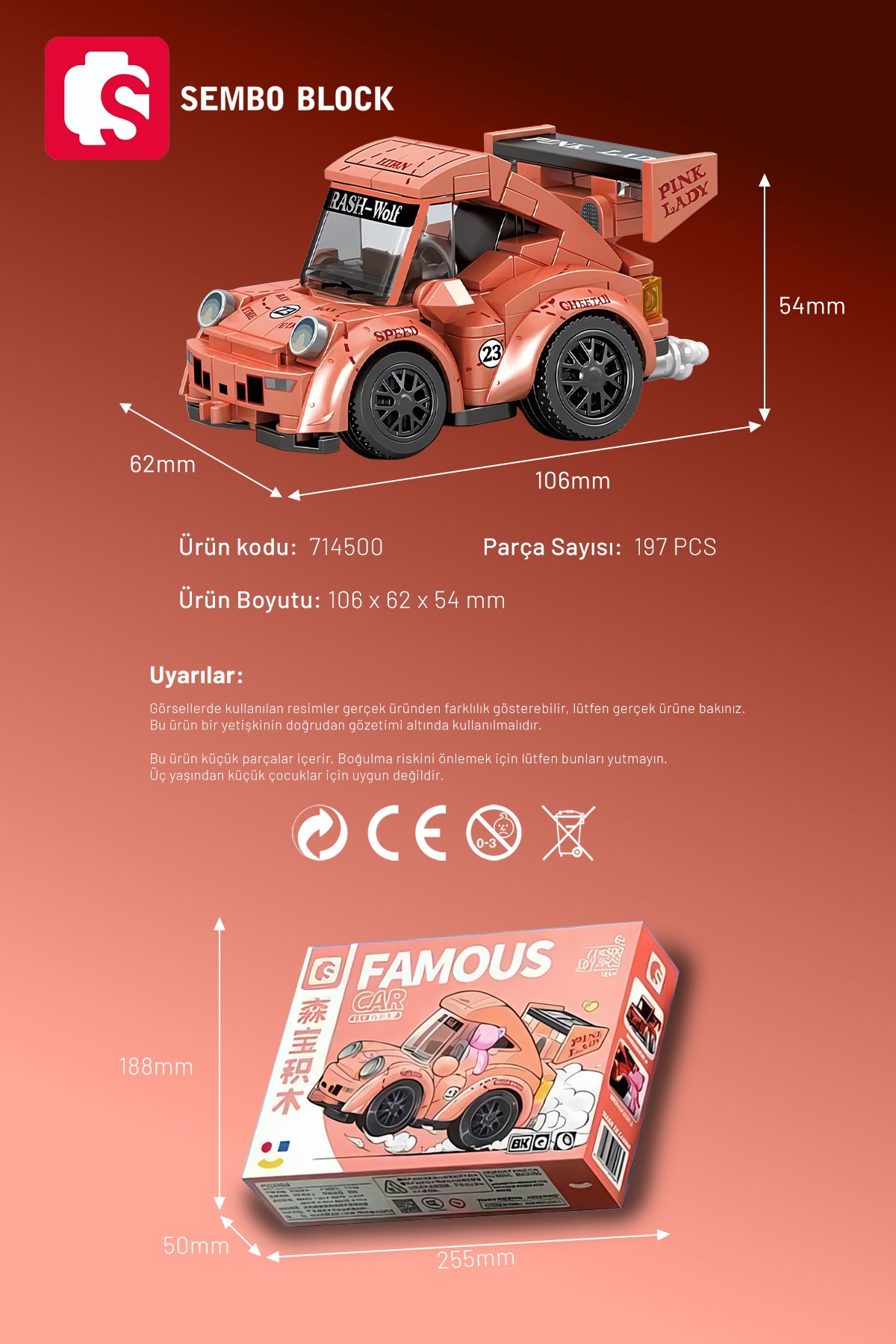 Mini Cars Pembe yarış arabası 197 Parça yapı blokları Lego ile uyumlu (714500A)